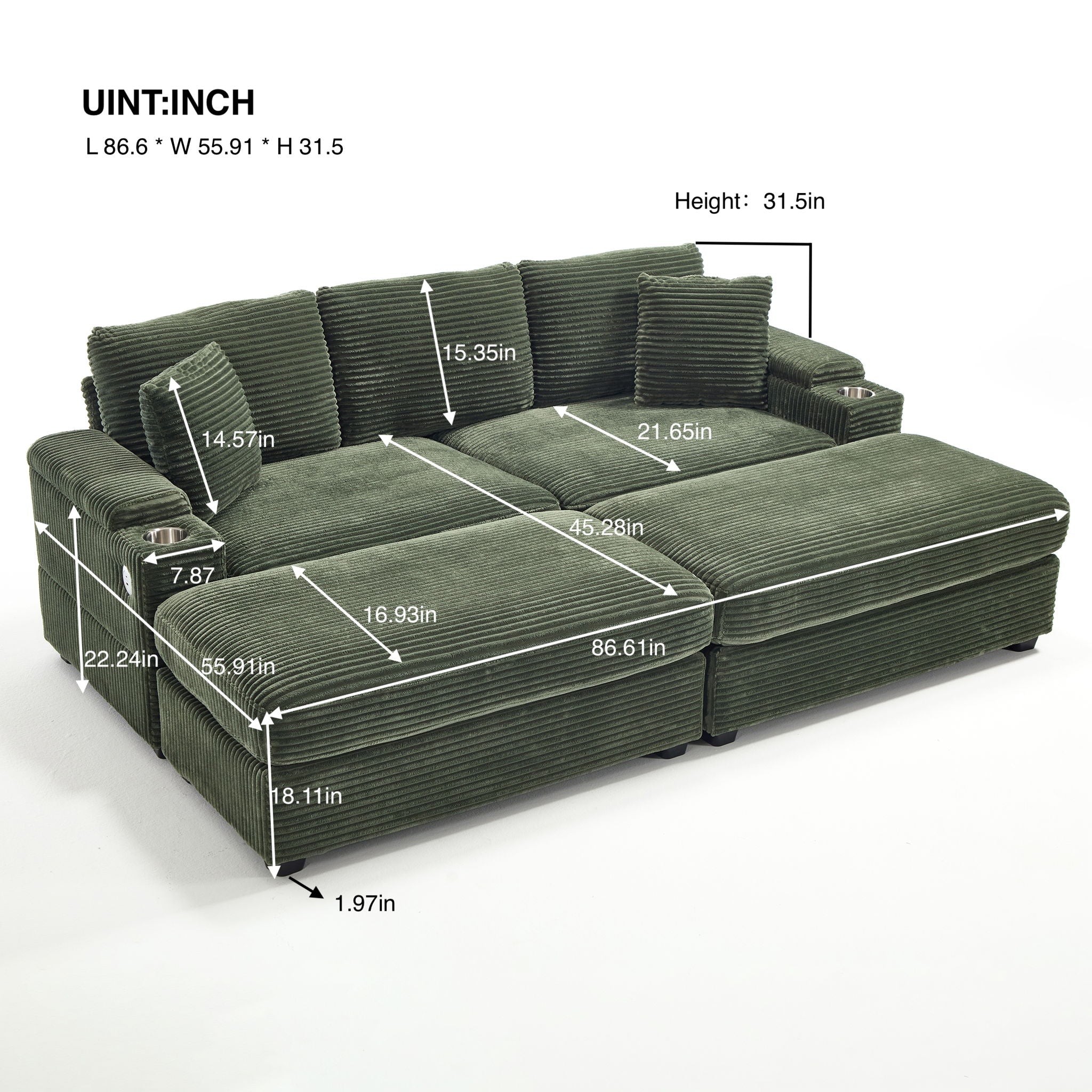 Convertible Sectional Sofa Bed Set With Armrest Storage, Cup Holder, USB, 4 Seater - Green