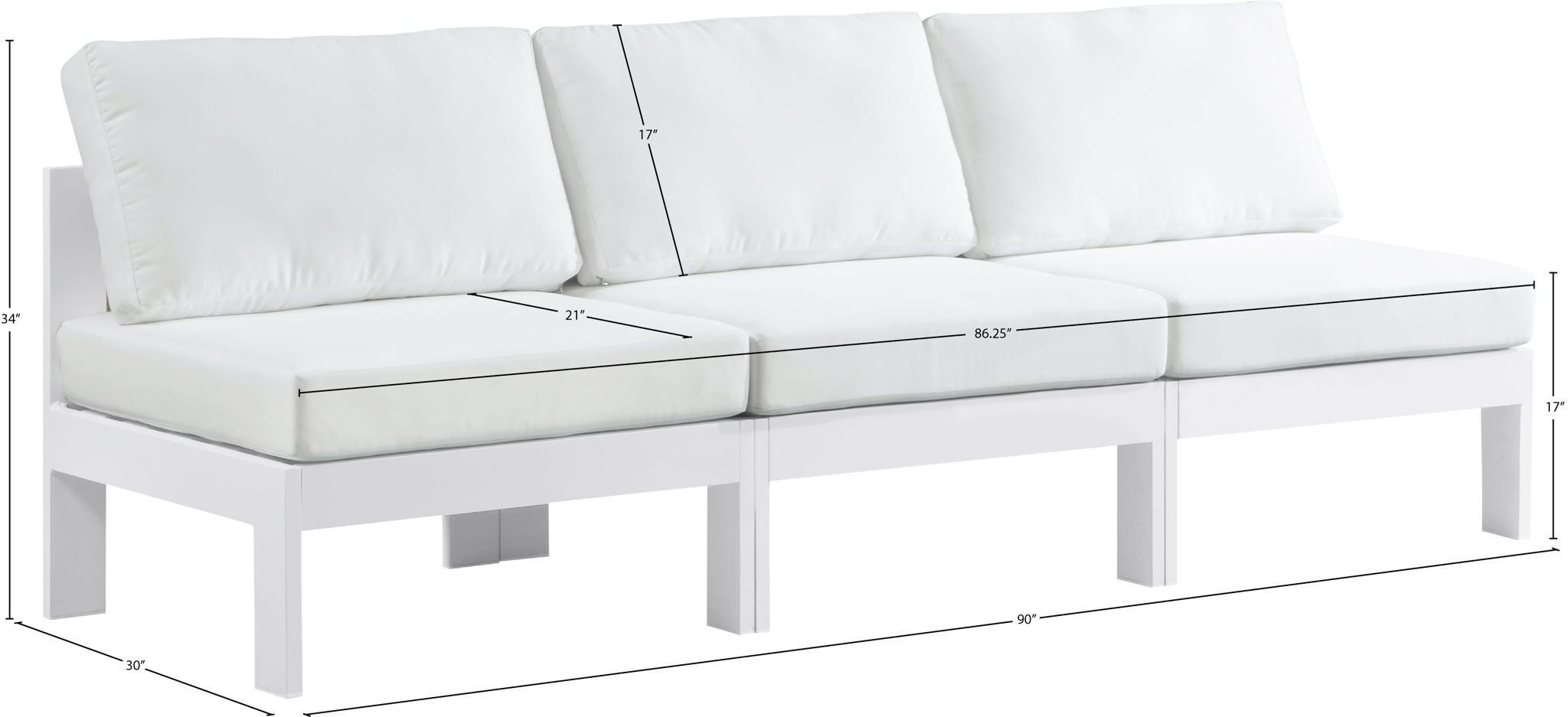 Nizuc - Outdoor Patio 3 Seat Armless Modular Sofa With White Frame