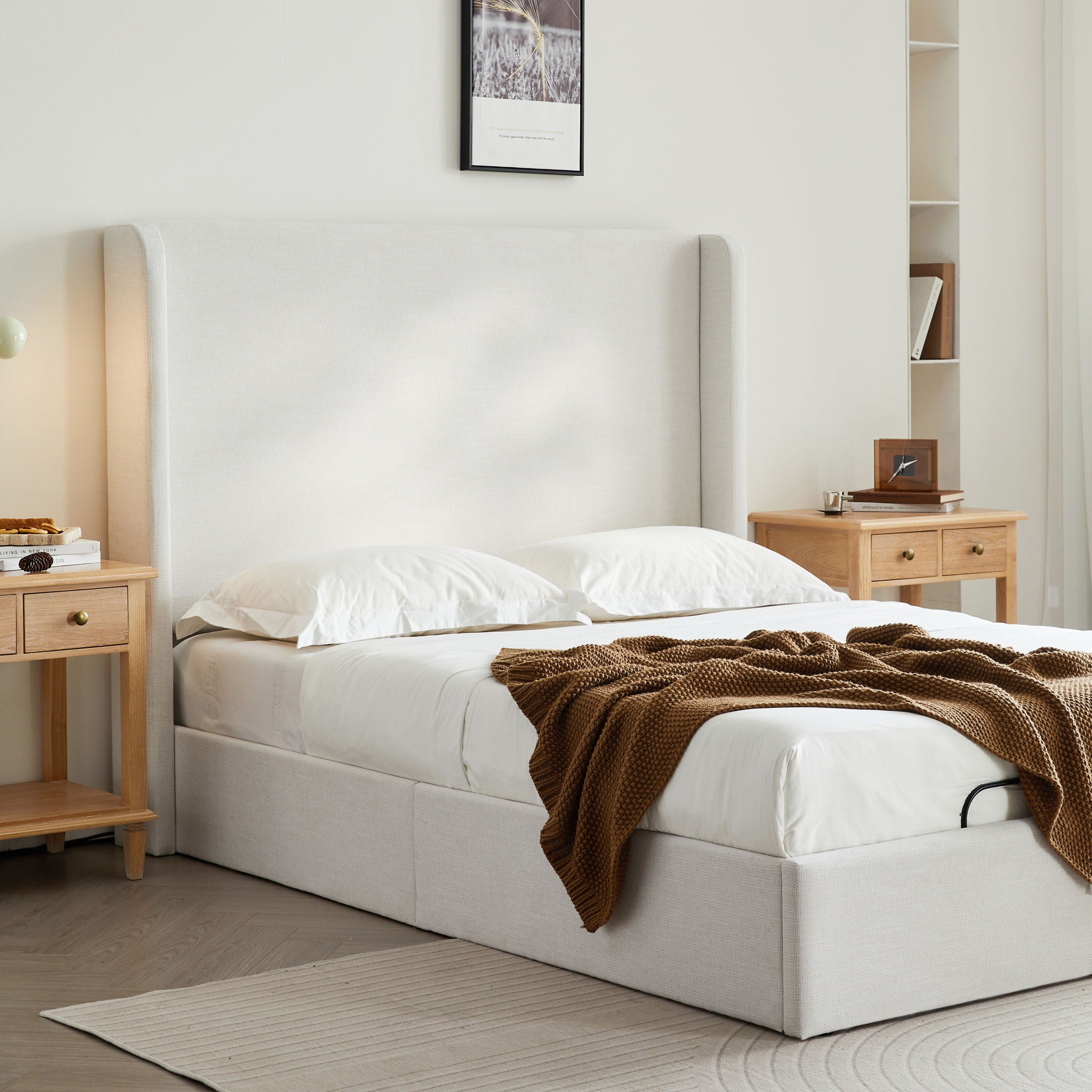 Caron - Queen Size Upholstered Wingback Bed With Adjustable Base Bundle Set - Ivory