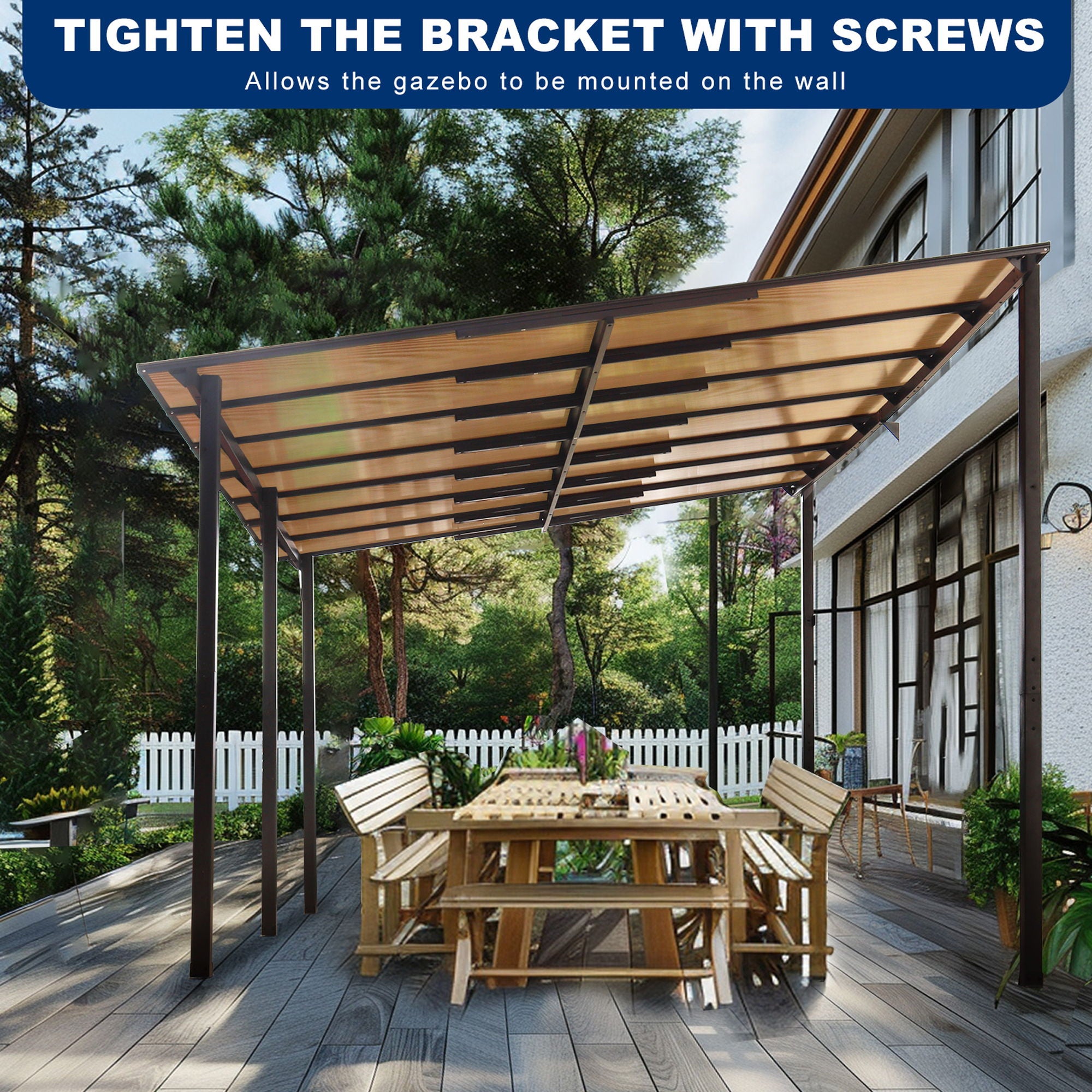 Wall Mounted Outdoor Pergola Gazebo, Heavy Duty Metal Awning With Roof