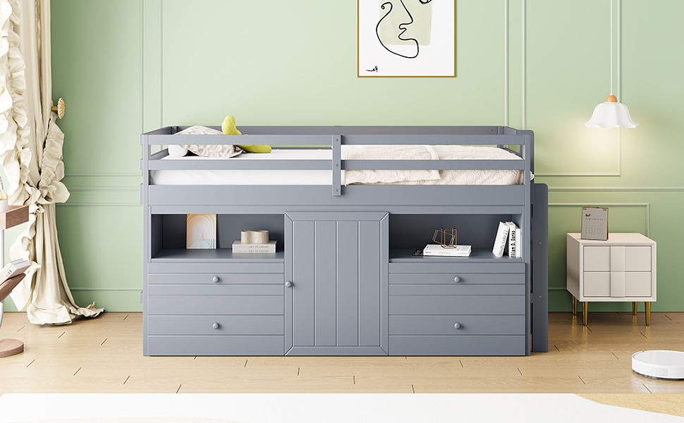 Loft Bed With 4 Drawers, Underneath Cabinet And Shelves
