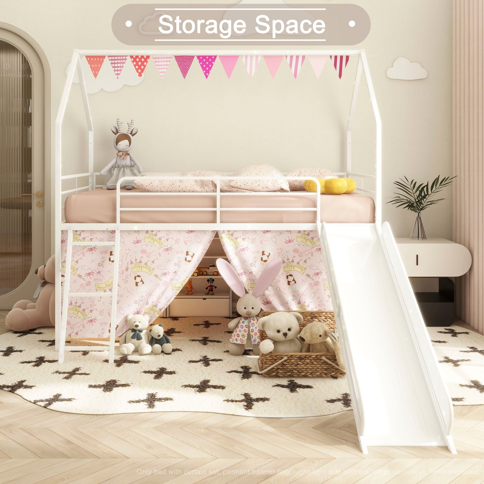 Jack - House Loft Bed With Slide And Curtain Set