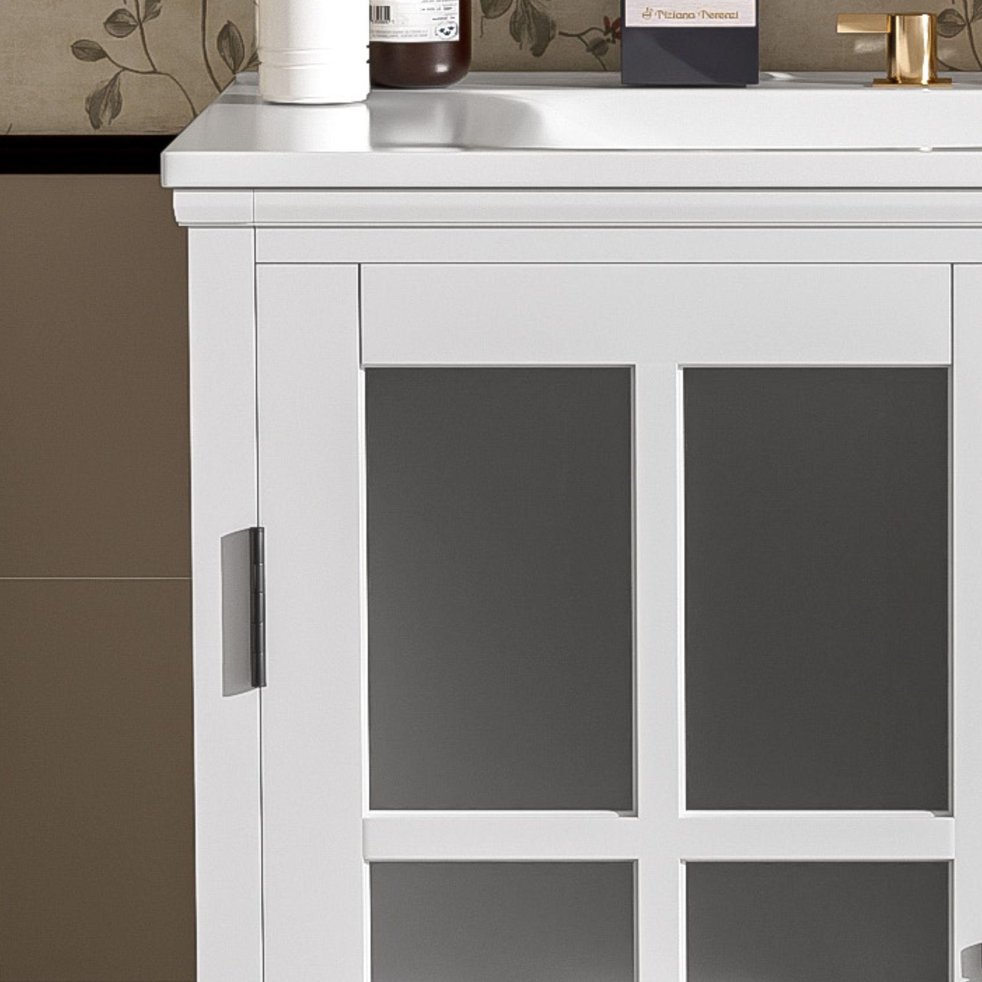 Modern Bathroom Vanity With Ceramic Sink, Tempered Blurred Glass Doors