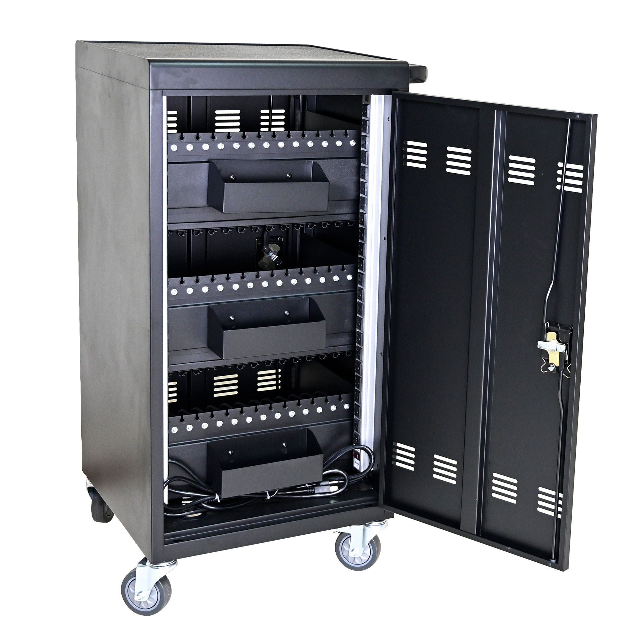 45 Bay Mobile School Charging Cart Station For Chromebook, Tablet And Laptop Computer With Power Strip Included - Black