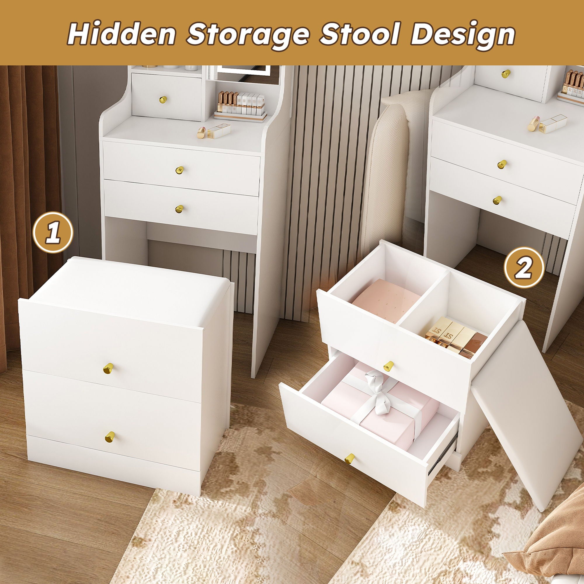 3 In 1 Dressing Table With LED Mirror & Storage Stool, Compact Makeup Vanity - White