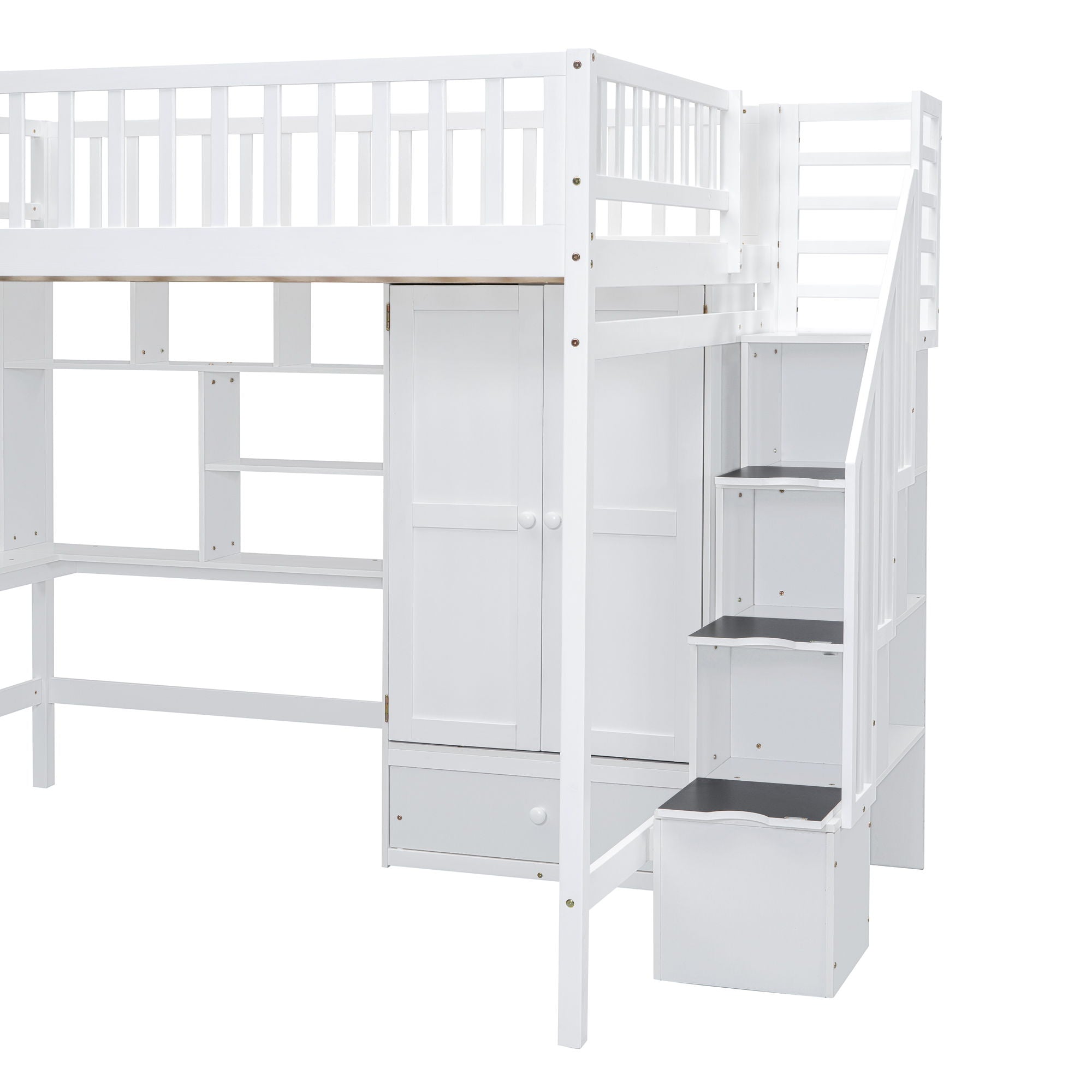 Loft Bed With Bookshelf, Drawers, Desk, And Wardrobe