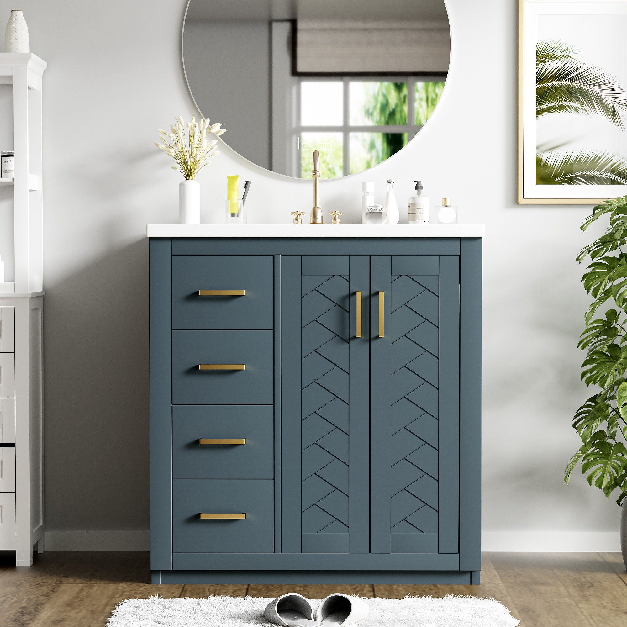 Ceramic Sink Combo, Freestanding Vanity Set With 3 Drawers & Soft Closing Doors