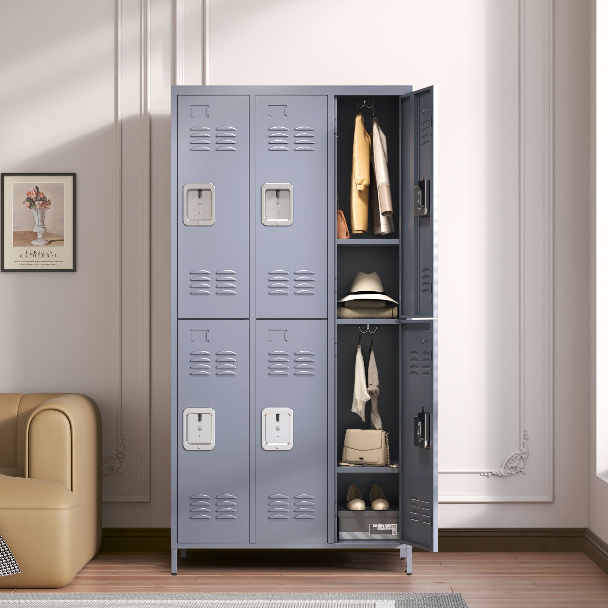 6 Door Lockers With Lock For Employees, Storage Cabinet For Home, Gym, Office, School, Garage - Gray