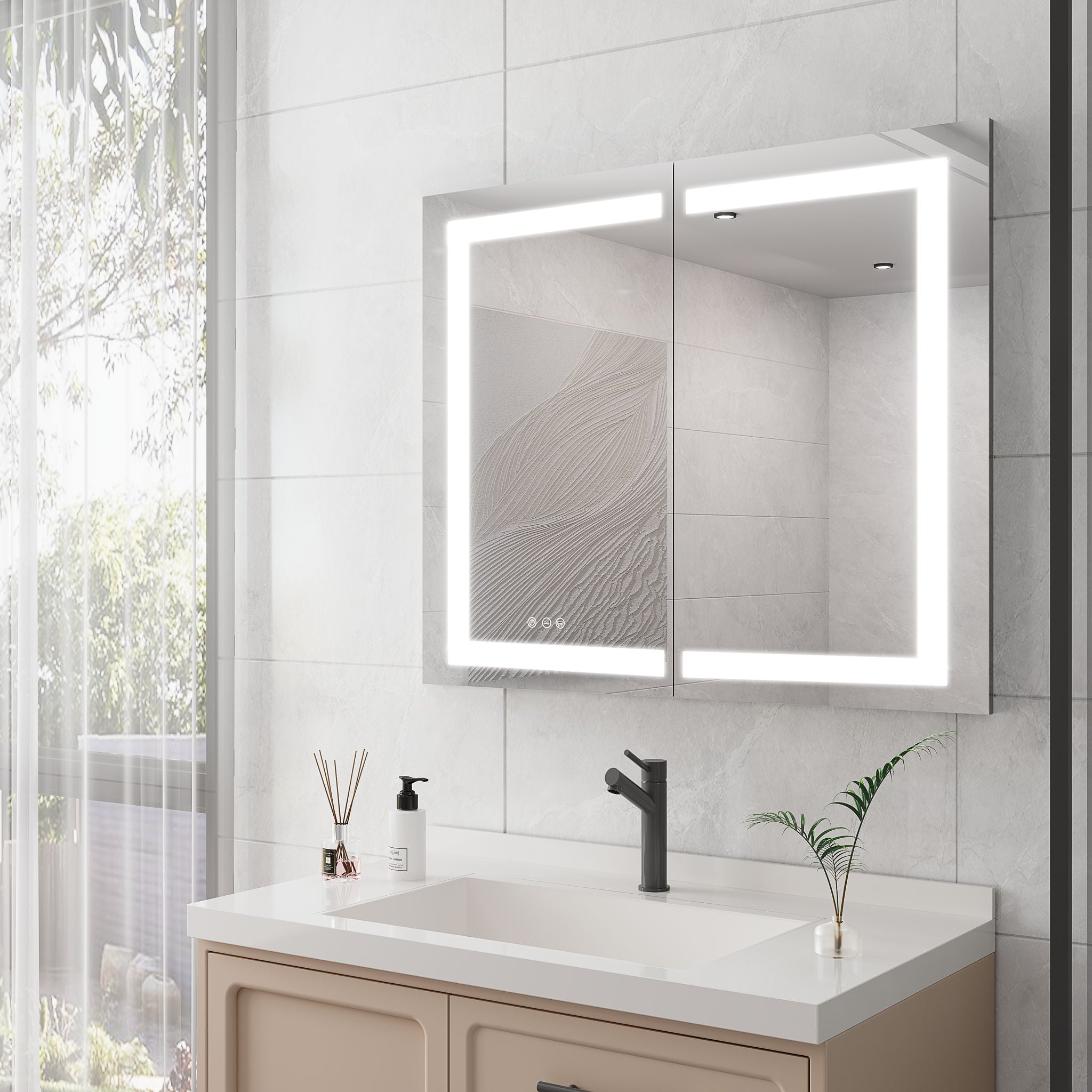 Medicine Cabinet With LED Vanity Mirror, Anti-Fog, Waterproof, Dimmable With Touch Switch