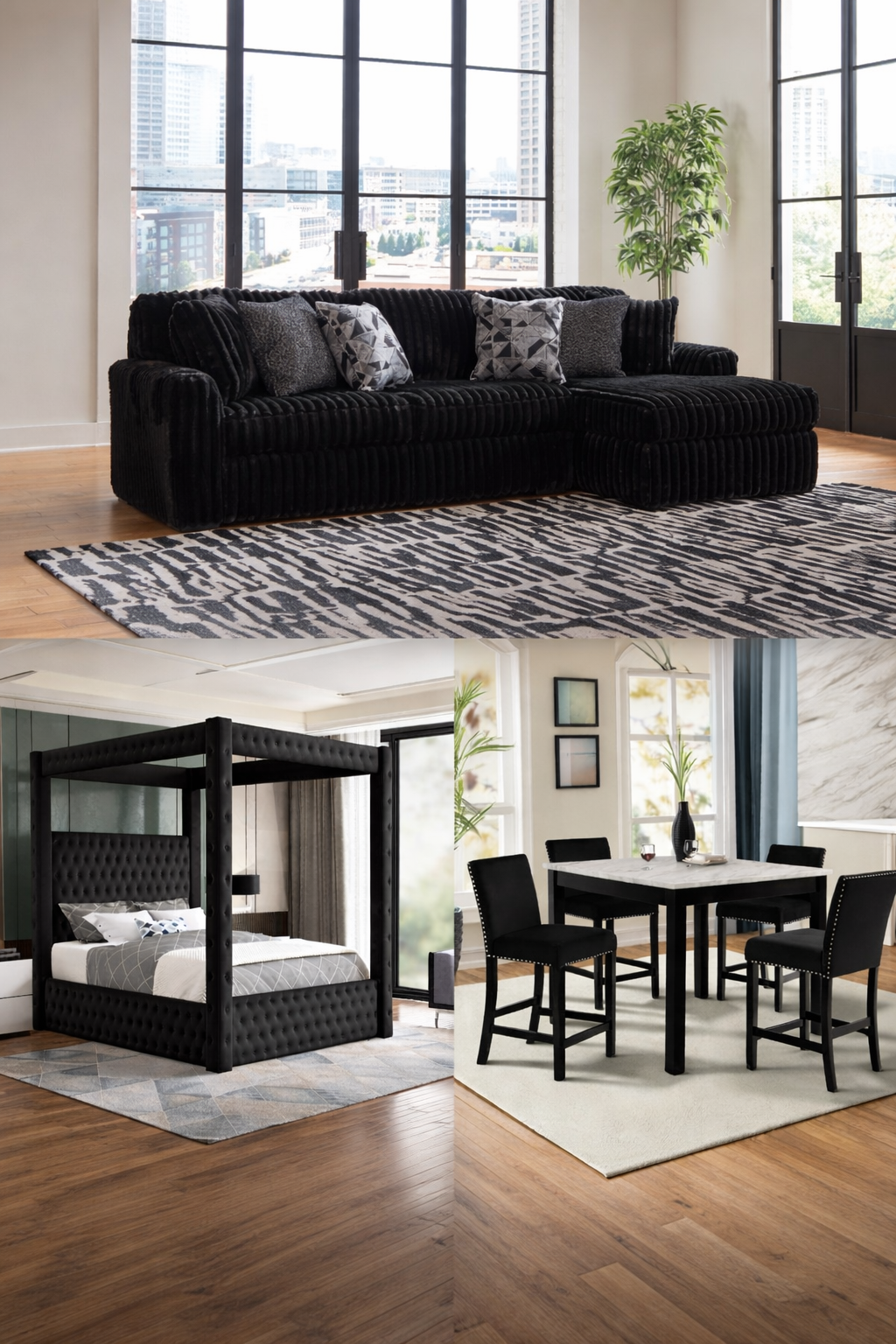 The Bottega Onyx Premiere | Complete 3-Room Package inlcuding 2PCS Sectional Sofa, 5pcs dining set and canopy bed frame