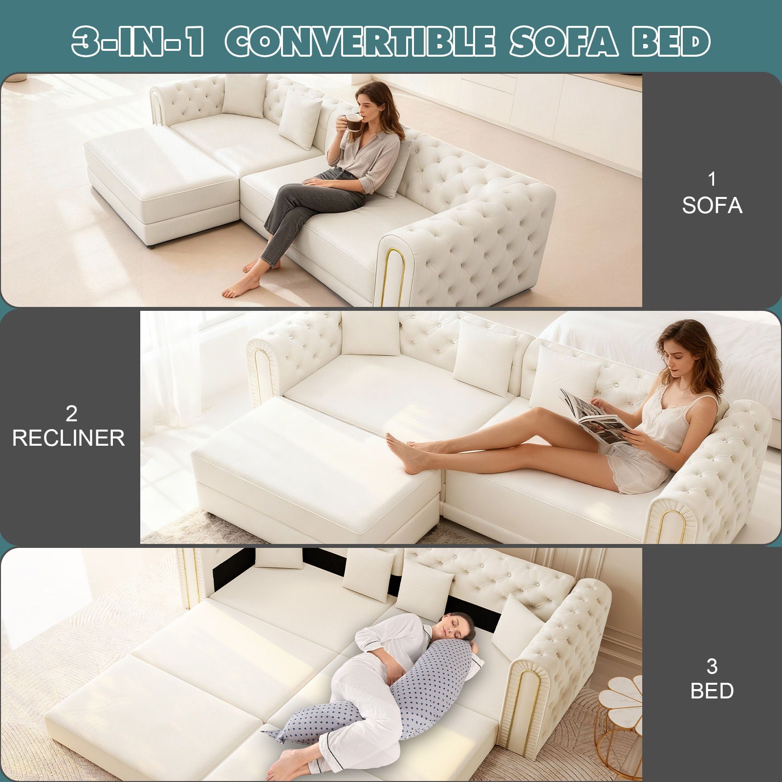 3-In-1 Convertible Sleeper Sofa With Movable Ottoman For Living Room