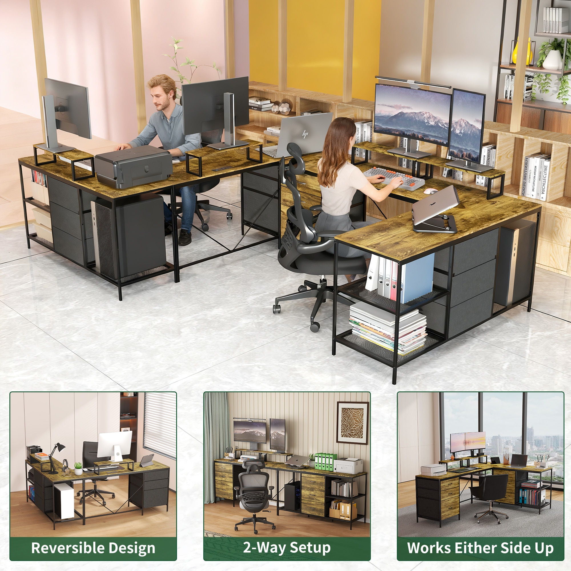 Industrial L Shaped Computer Desk With Power Outlets & USB-C, 6 Fabric Drawers, 3 Open Shelves, Movable Monitor Stands - Brown