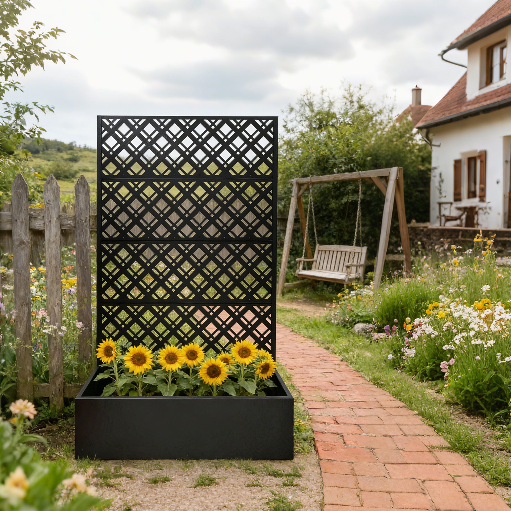 Rhombus Planter Raised Garden Bed With Trellis For Climbing Plants - Black