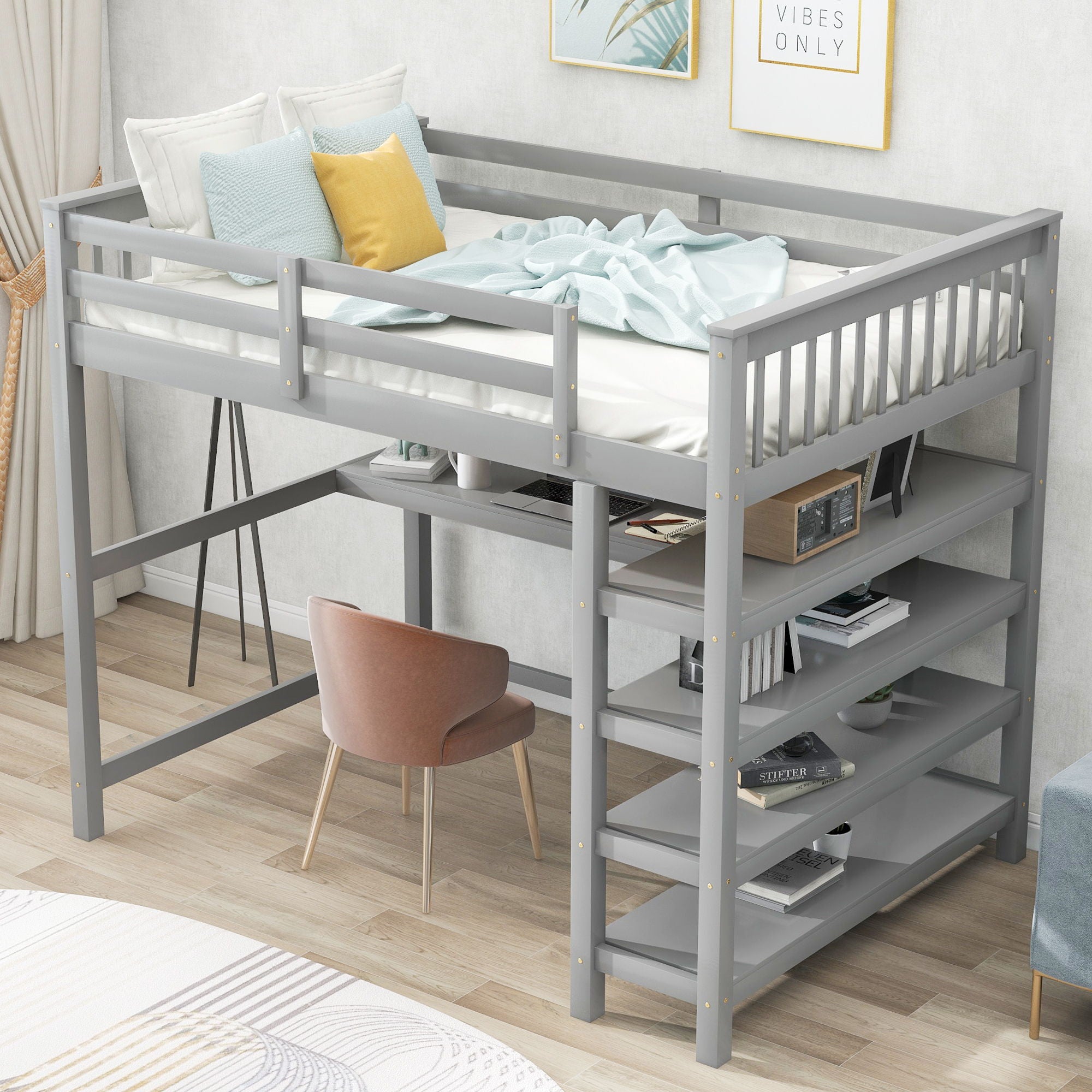 Loft Bed With Storage Shelves And Under Bed Desk