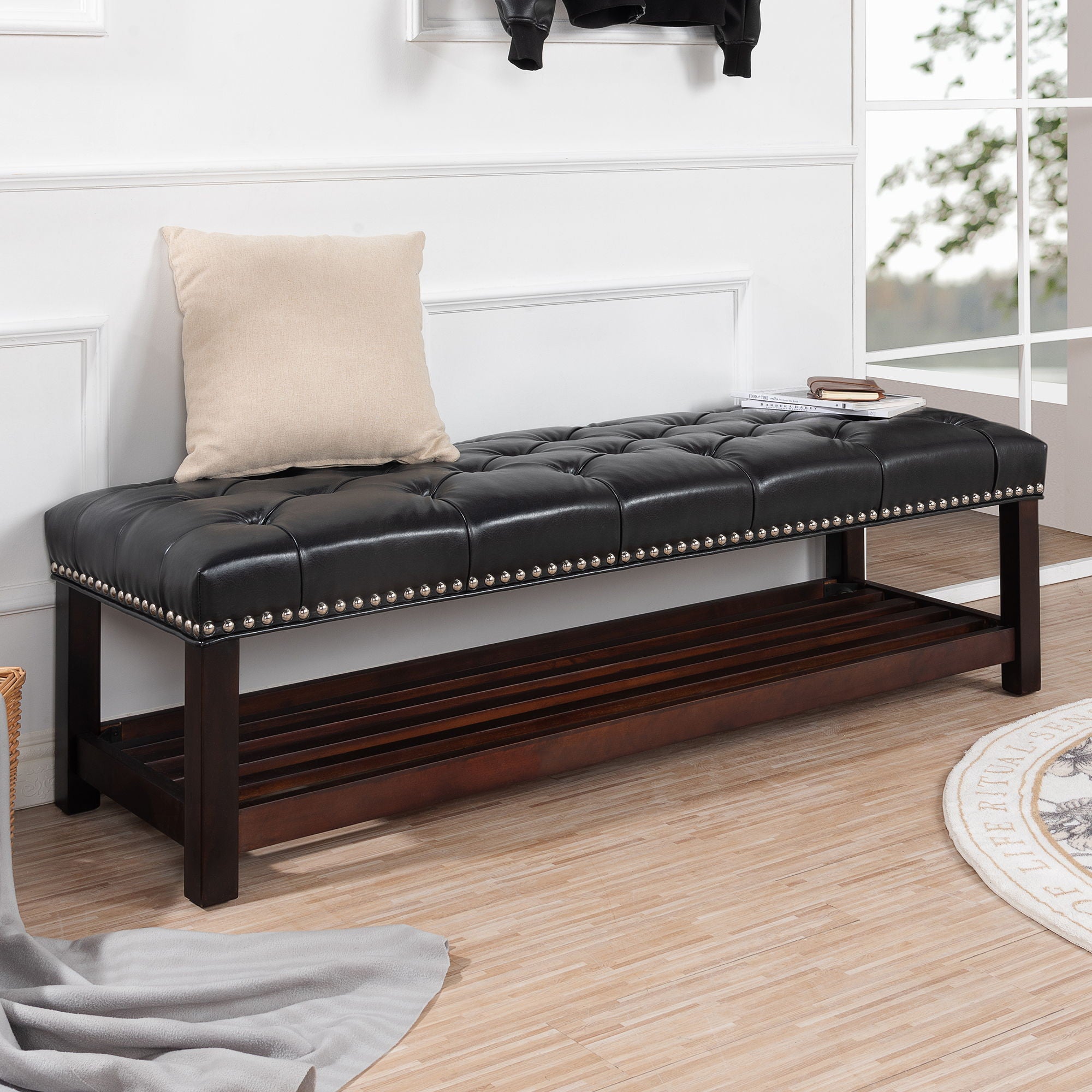 Bedroom End Of Bed Bench Tufted Upholstered End Of Bed Bench End Of Bed Entrance Shoe Bench With Nailhead Trim And Shelf Bedroom Upholstered Bench Living Room Shoe Rack Footstool