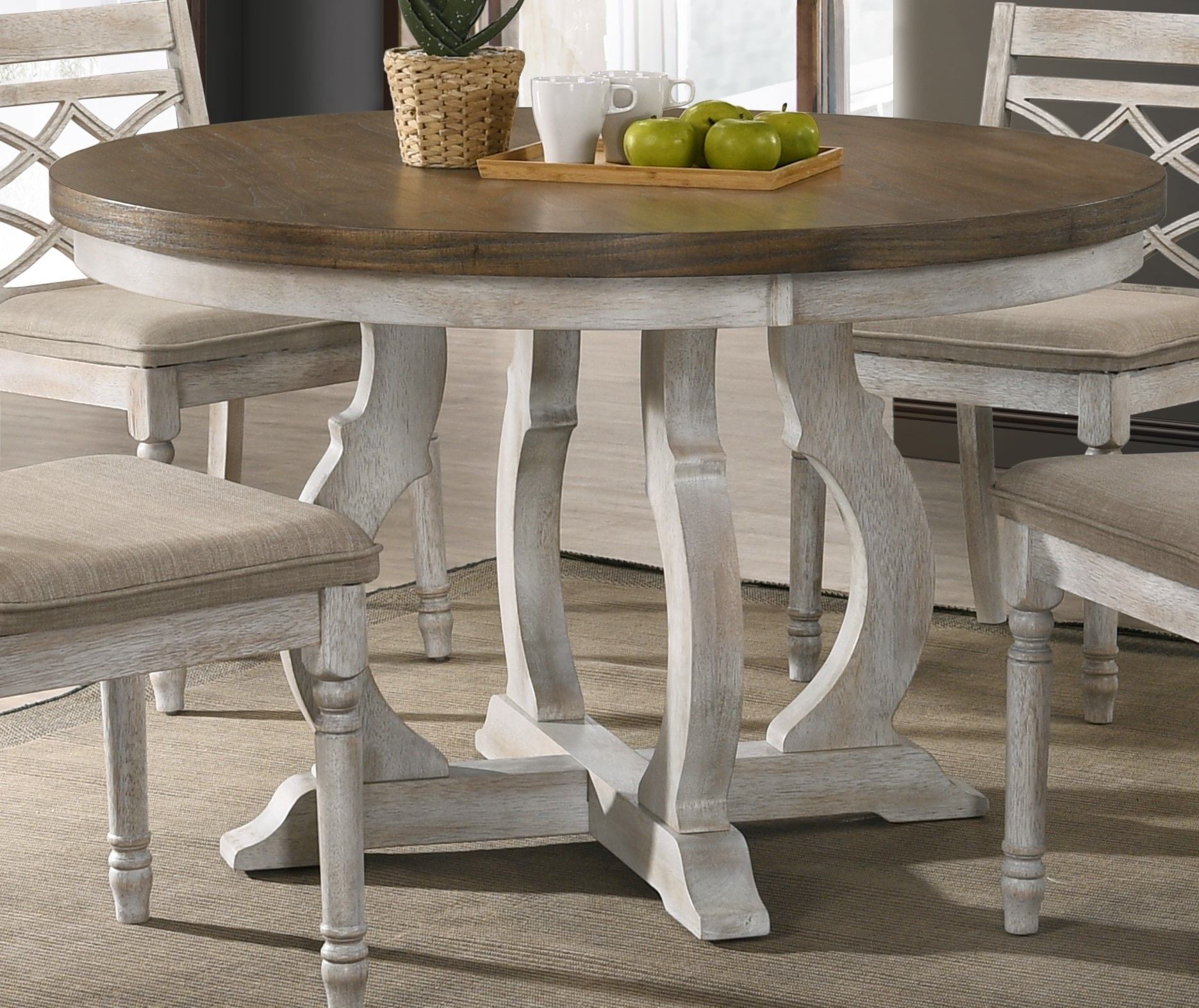 Havanna - Wide Vintage Round Dining Table With Off White Colored Base - Walnut