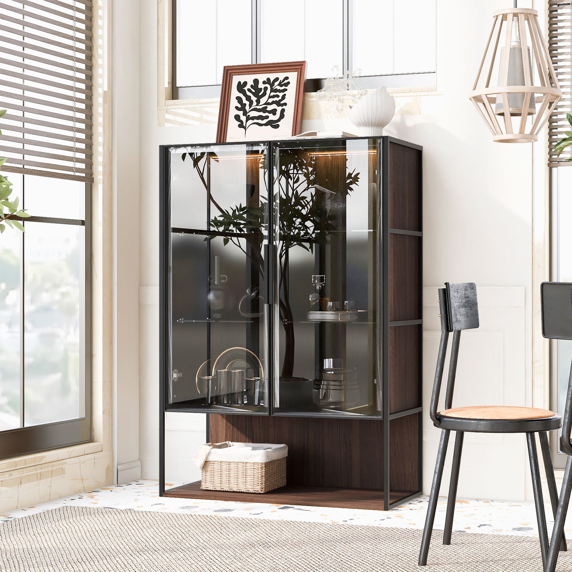 Modern Minimalist Tall Lighted Display Cabinet With Tempered Glass Door - Black / Dark Walnut
