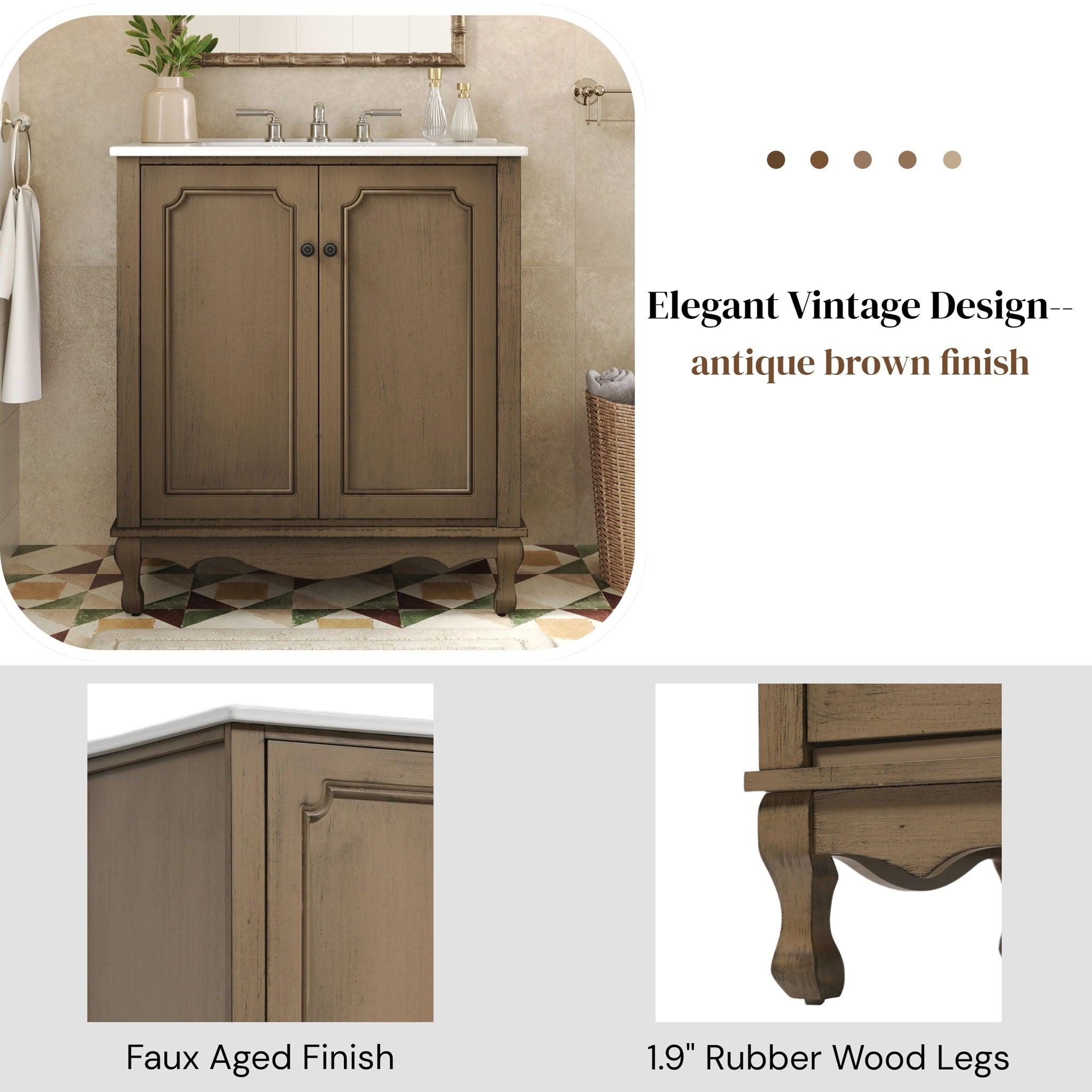 Vintage Bathroom Vanity With Ceramic Sink, Adjustable Shelves