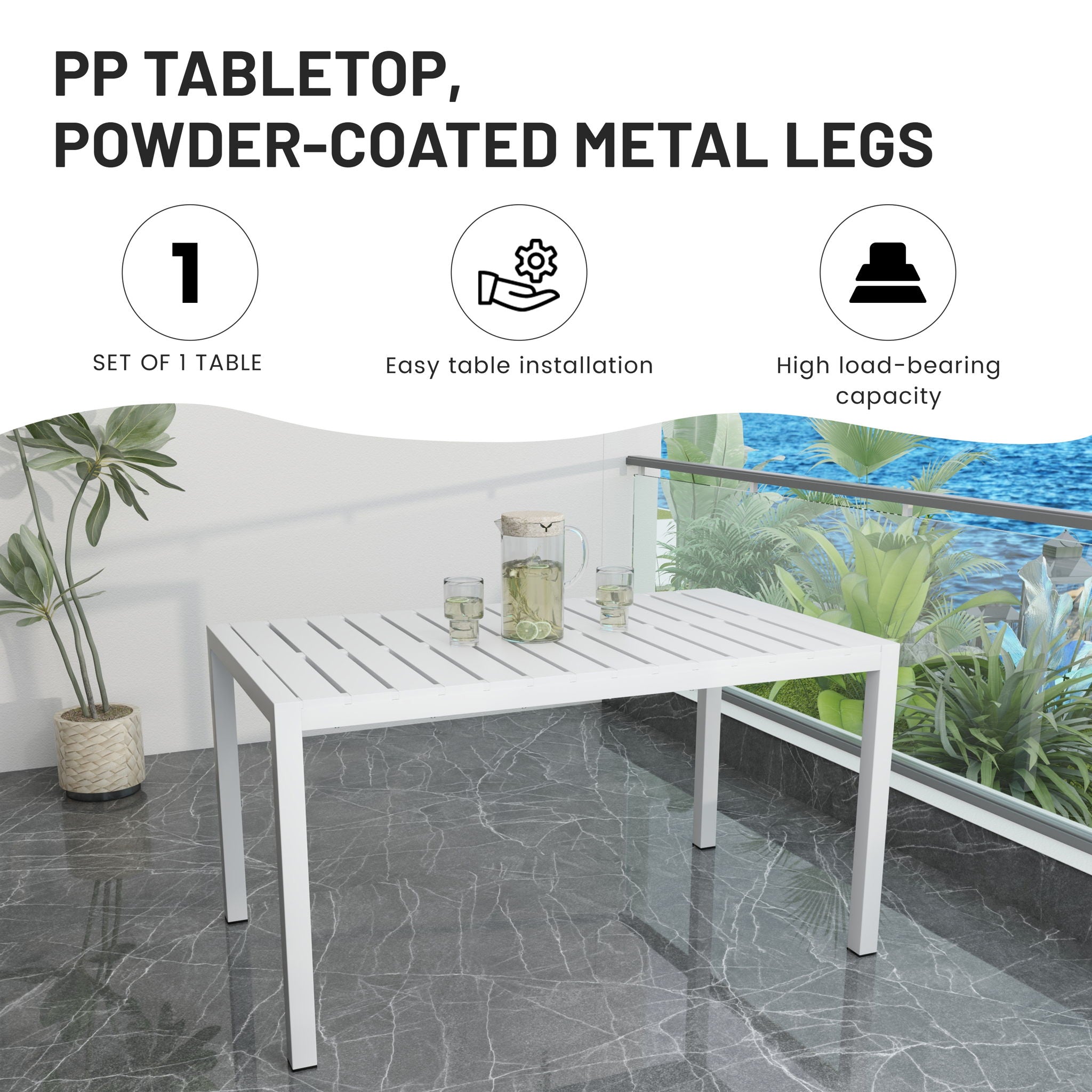 Modern Long Table, UV Resistant And Rust Proof, Pp Tabletop, UV Resistant Powder Coated Metal Legs - Snow White