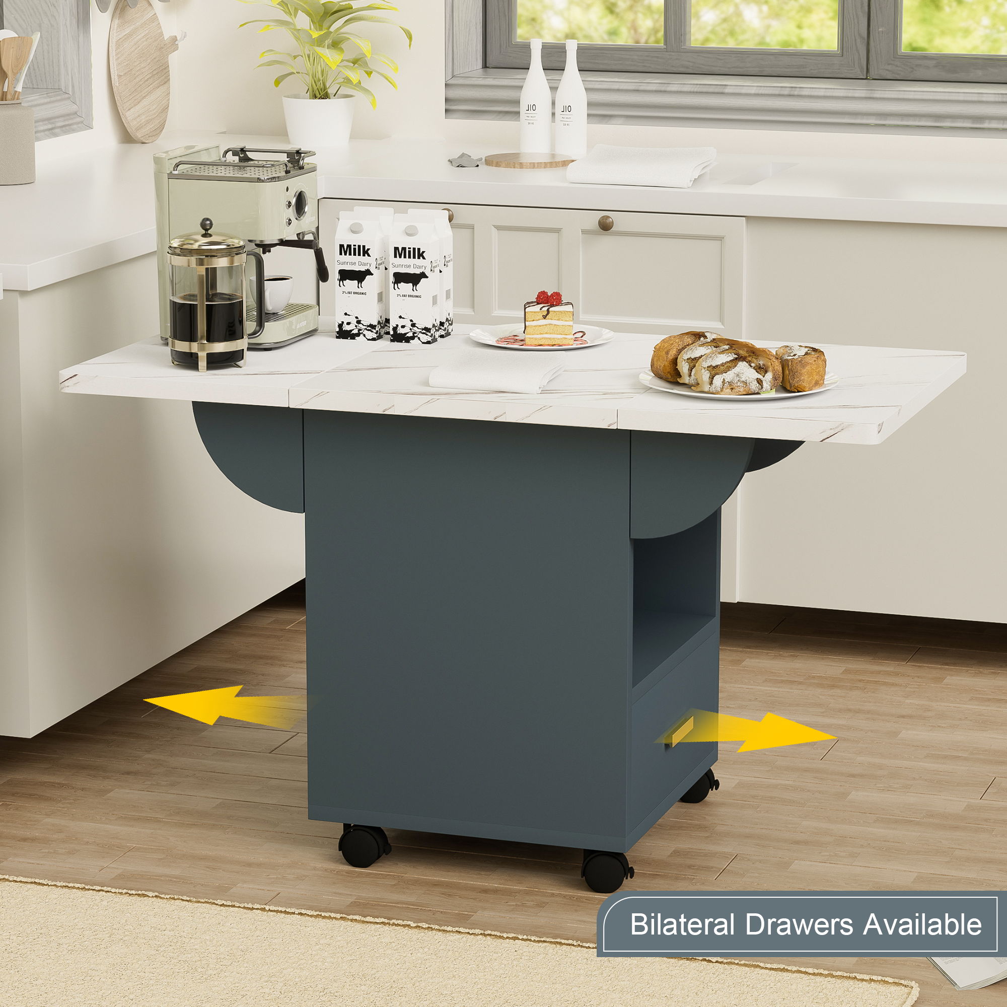 Versatile Wood Folding Dining Table With Wheels, Storage Rack & Drawer, Space Saving Design - White