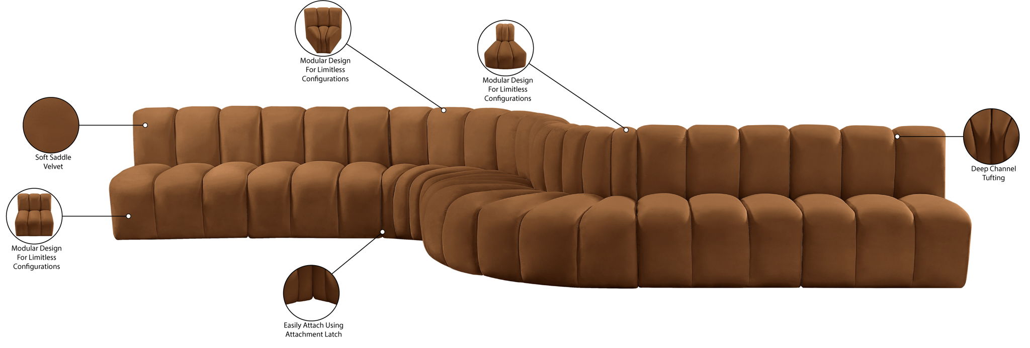 Arc - Velvet 8 Piece Curved Modular Sofa - Saddle