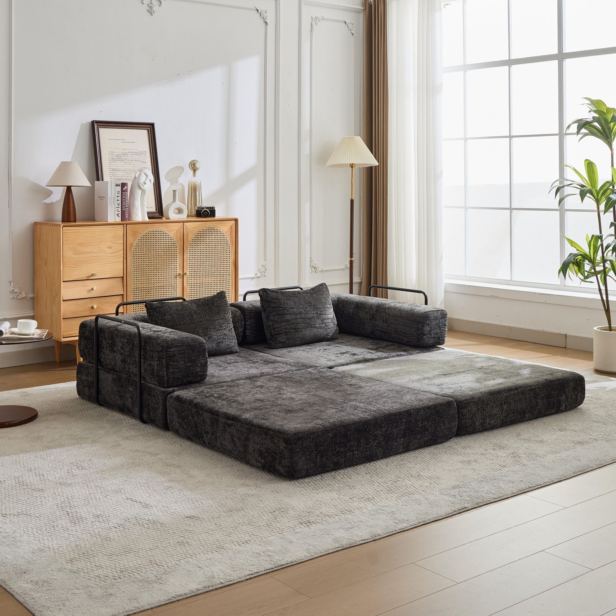 Convertible Floor Sofa Bed With Pillow Back Support Armrest