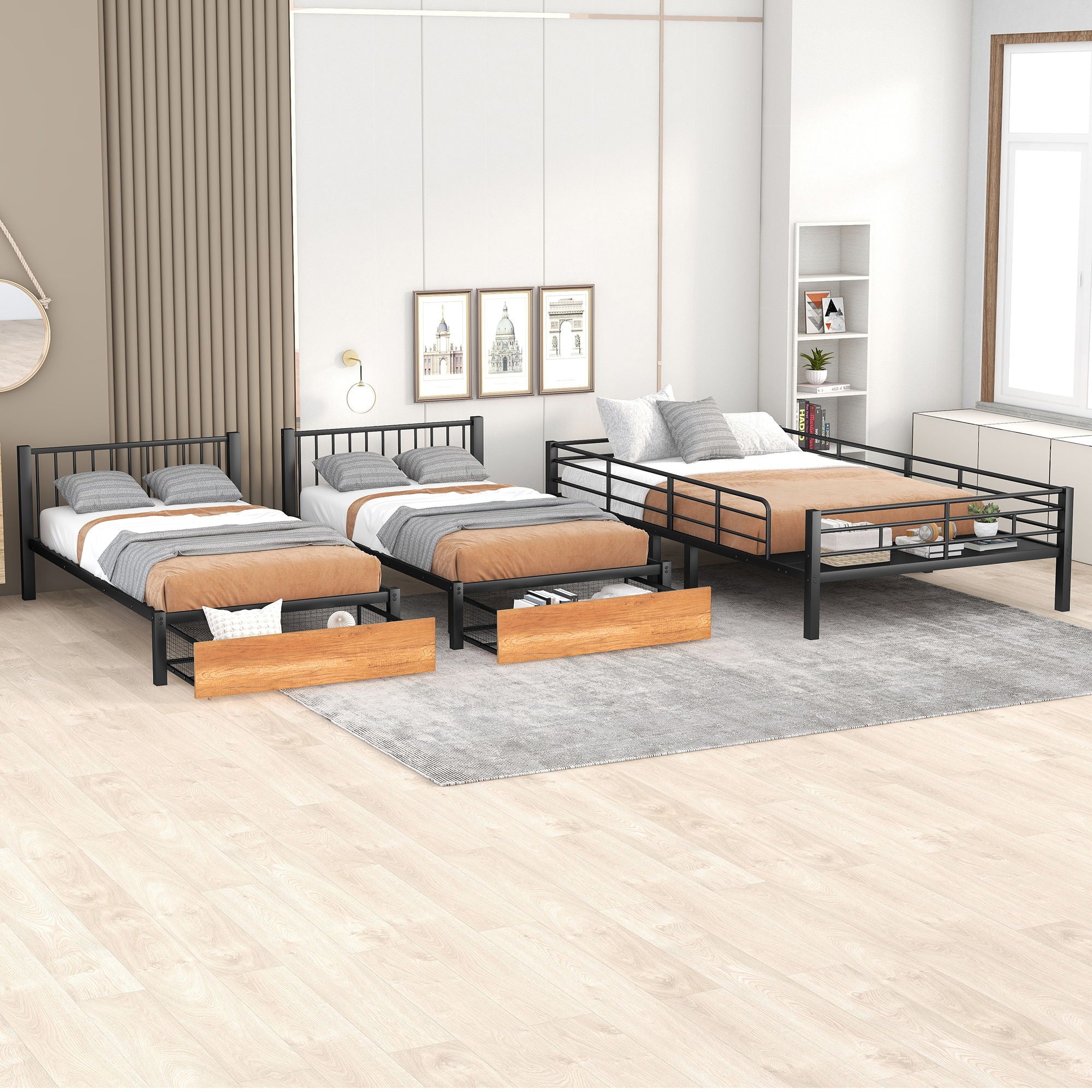 Triple Bunk Bed With Drawers And Guardrails