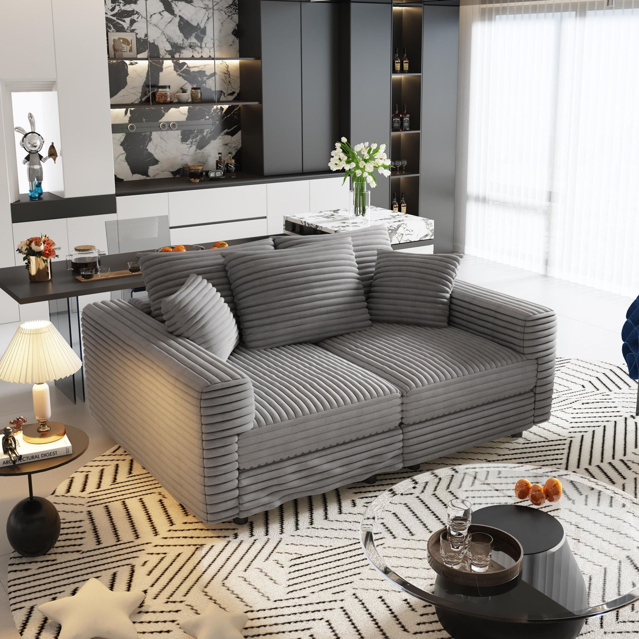 Convertible Deep Seat Sofa With Soft Pillows And Ottomans