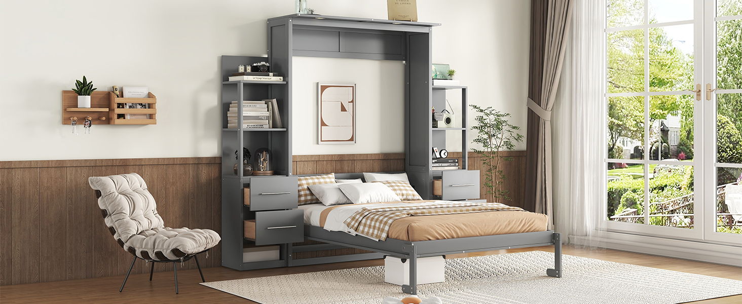 Murphy Wall Bed With LED Lights, Shelves And Drawers