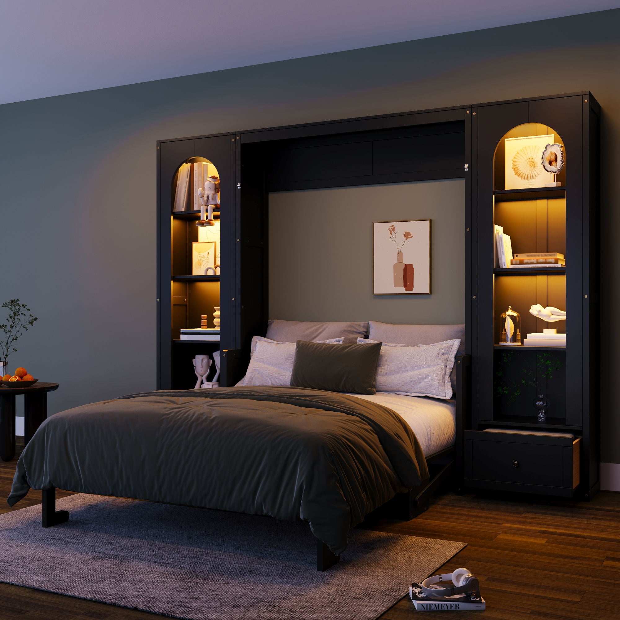 French Style Murphy Platform Bed With Shelf, Side Cabinets, Drawers And LED