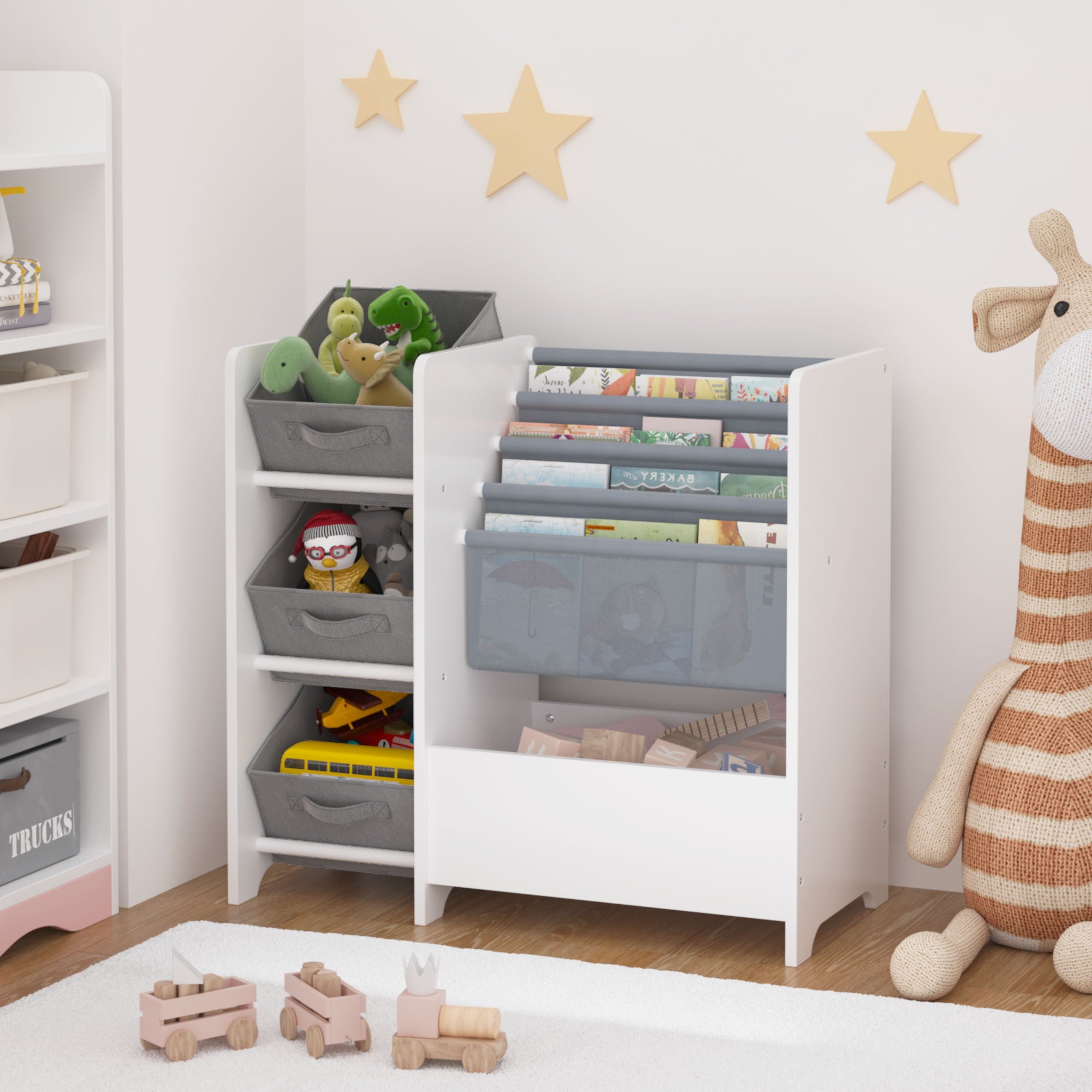 Bookshelf And Toy Storage Organizer, Multifunctional 4 Tier With 3 Collapsible Drawers - White