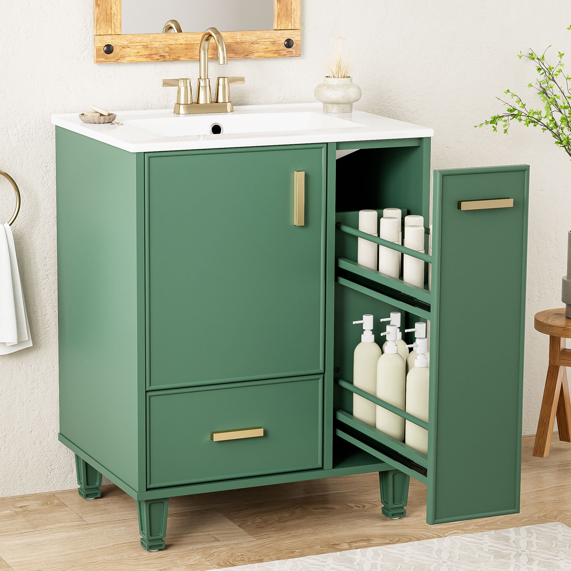 Bathroom Vanity With Sink, Deep Drawer, Door Shelf, 2 Tier Basket