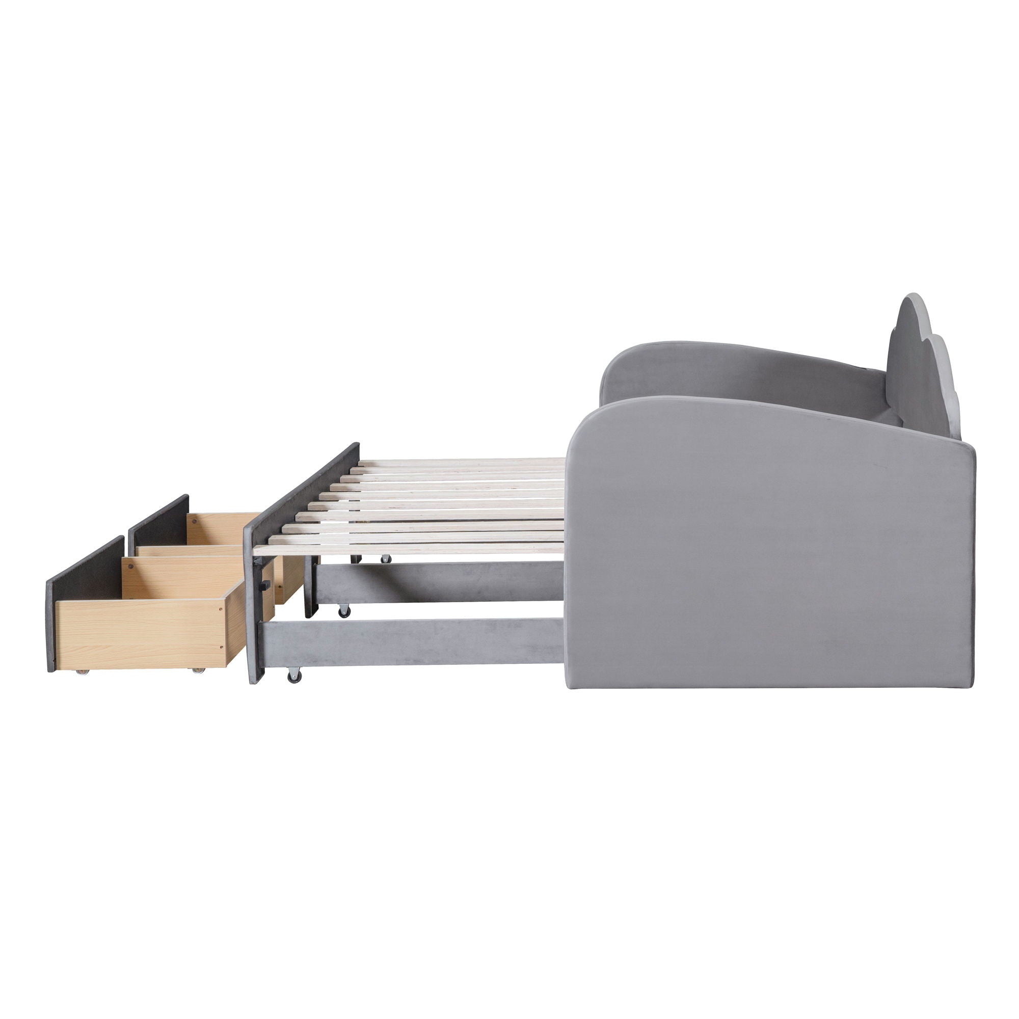 Upholstered Daybed With Cloud-Shaped Backrest, Trundle & 2 Drawers And USB Ports