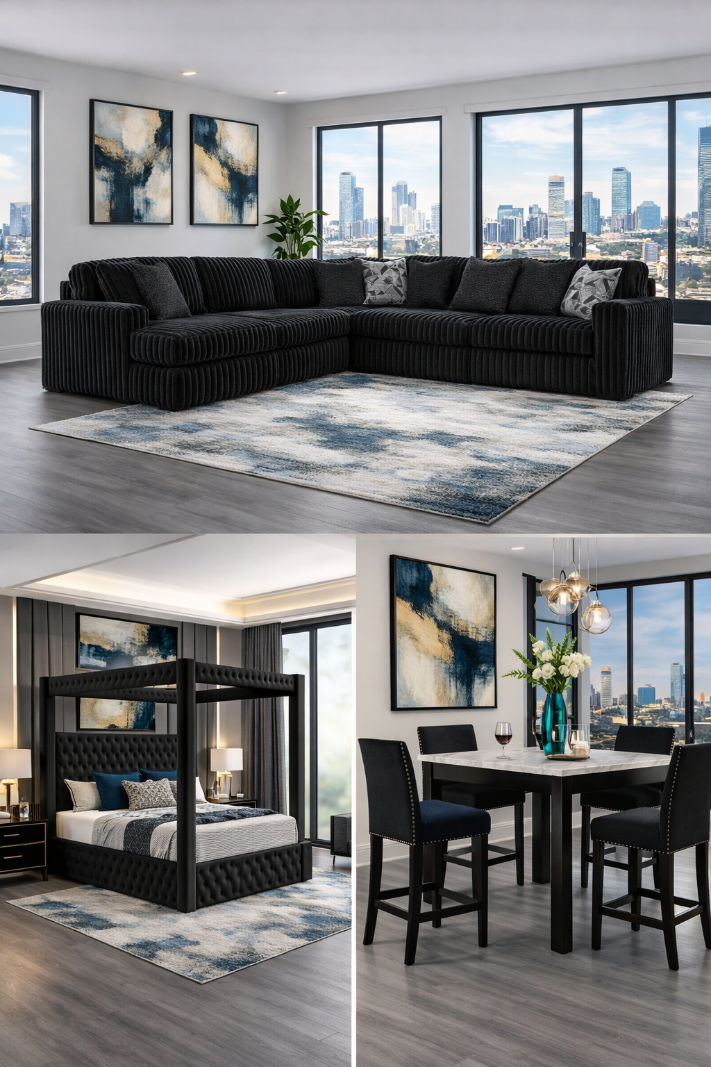 Bottega 3 Piece Black 3  ROOM PACKAGE DEAL including Oversized Sectional, 5pcs dining set and Canopy Bed frame