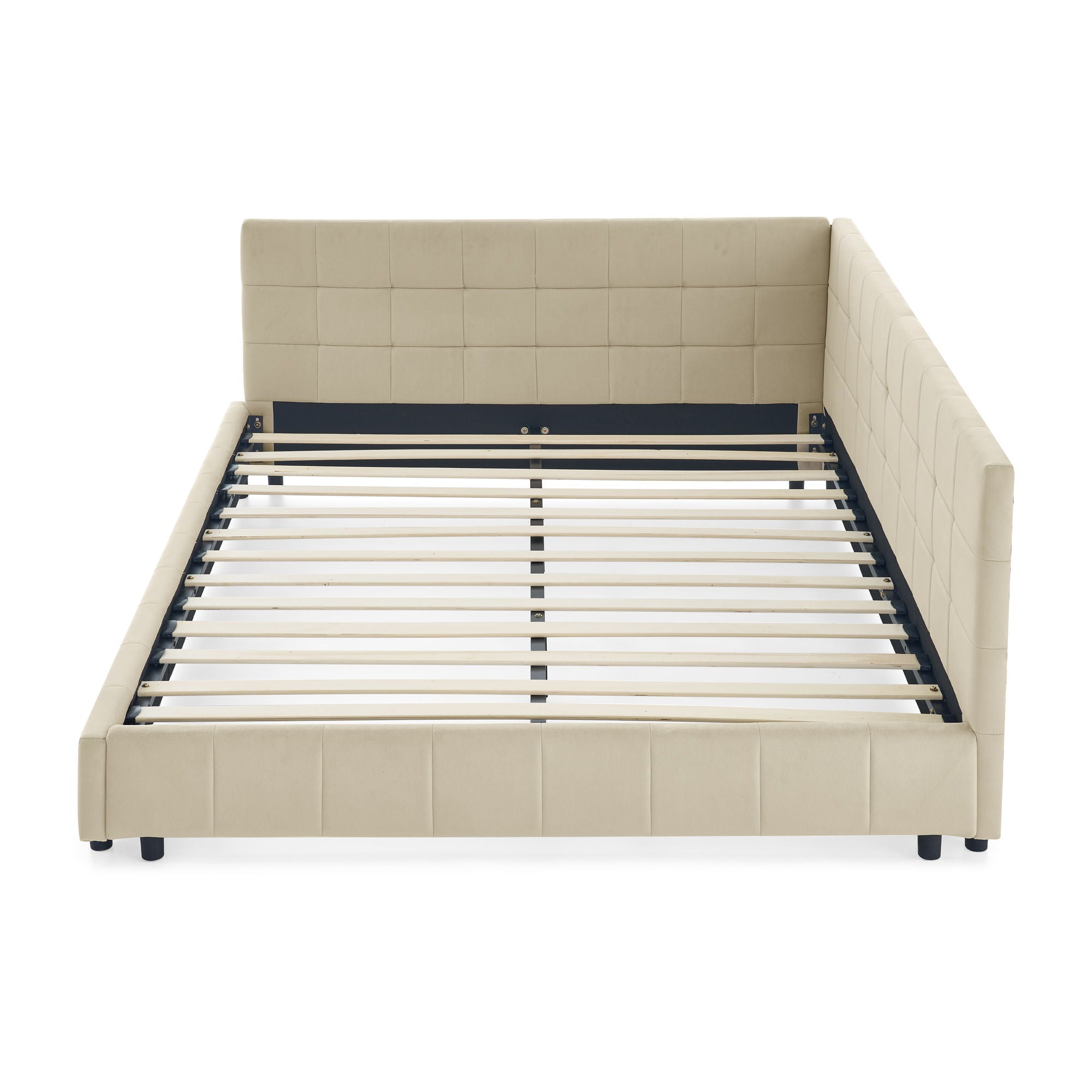 Mid-Century Storage Upholstered Tufted Bed Frame With Backrest And Armrests
