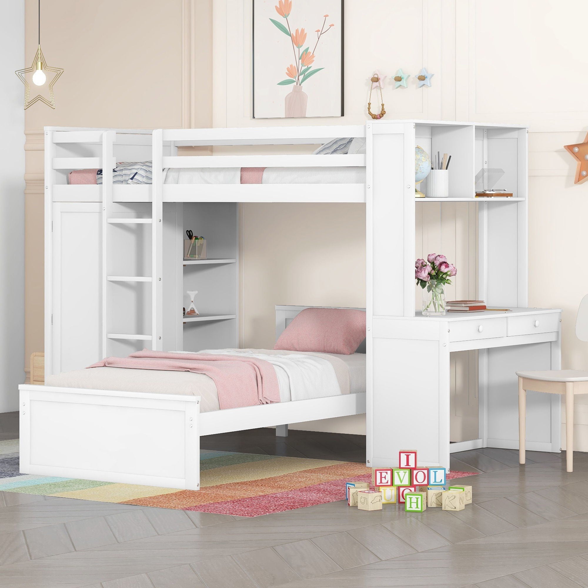 Loft Bed With A Stand Alone Bed, Shelves, Desk, And Wardrobe