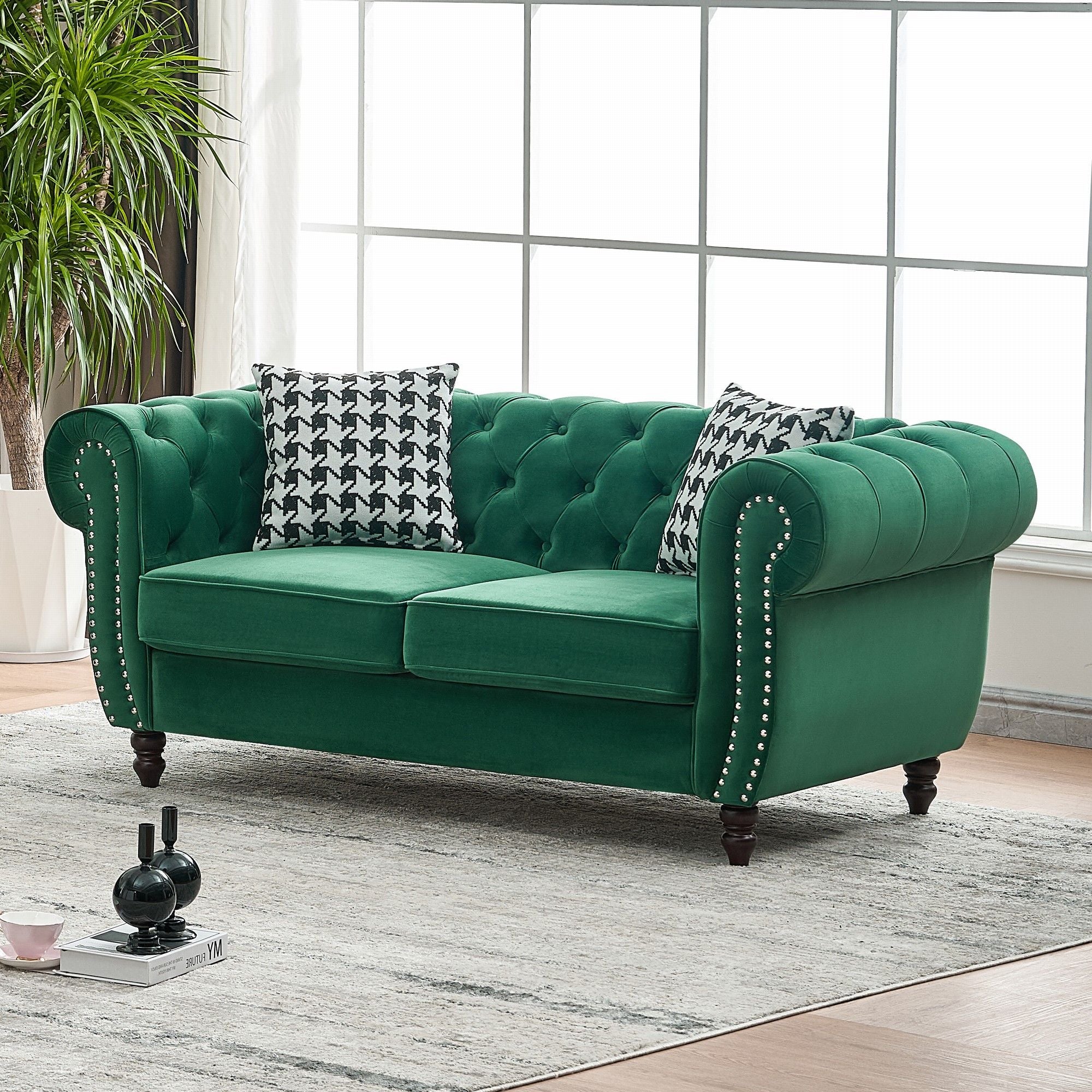 Chesterfield Fabric Sofa With Roll Armrest And Nailhead, Mid Century 2 Seater Couch