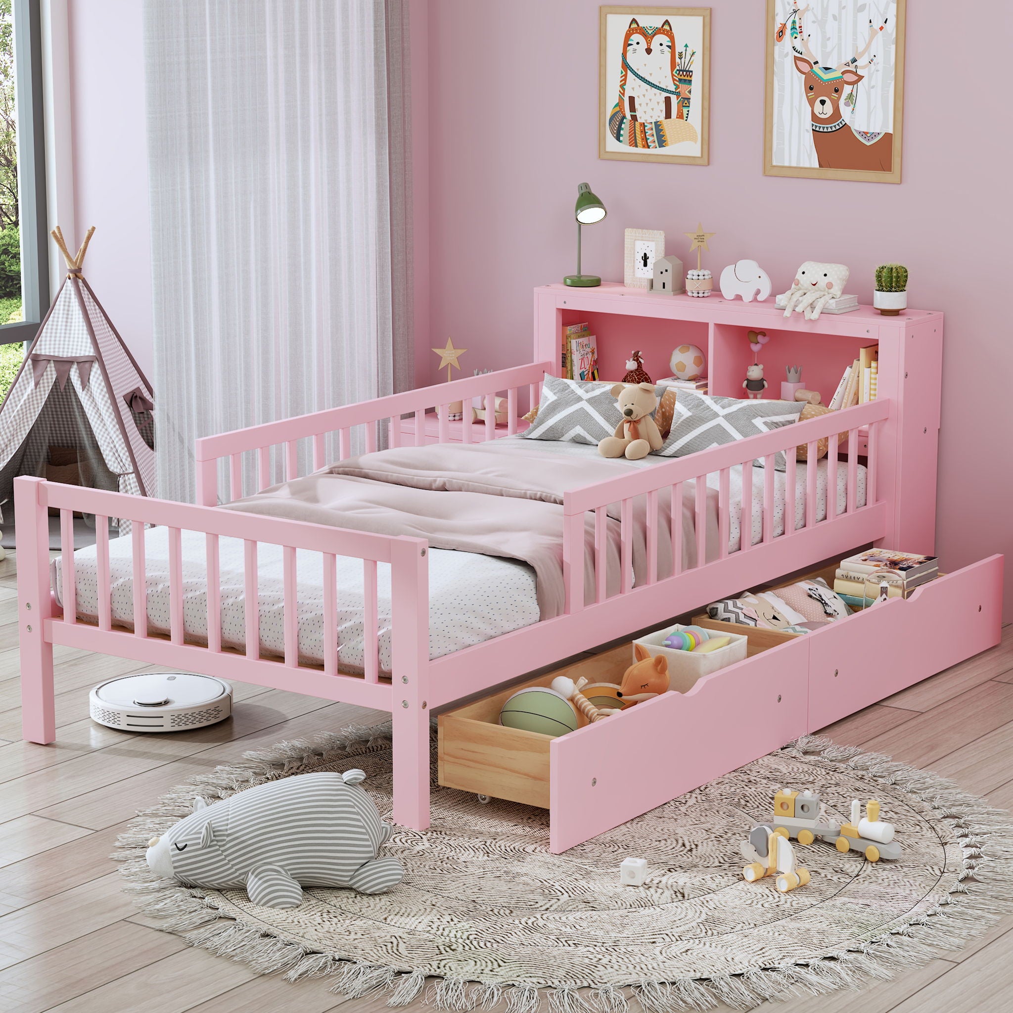 Bed With Headboard Storage Rack, 2 Under Bed Drawers, 3 Side Guardrails For Safety
