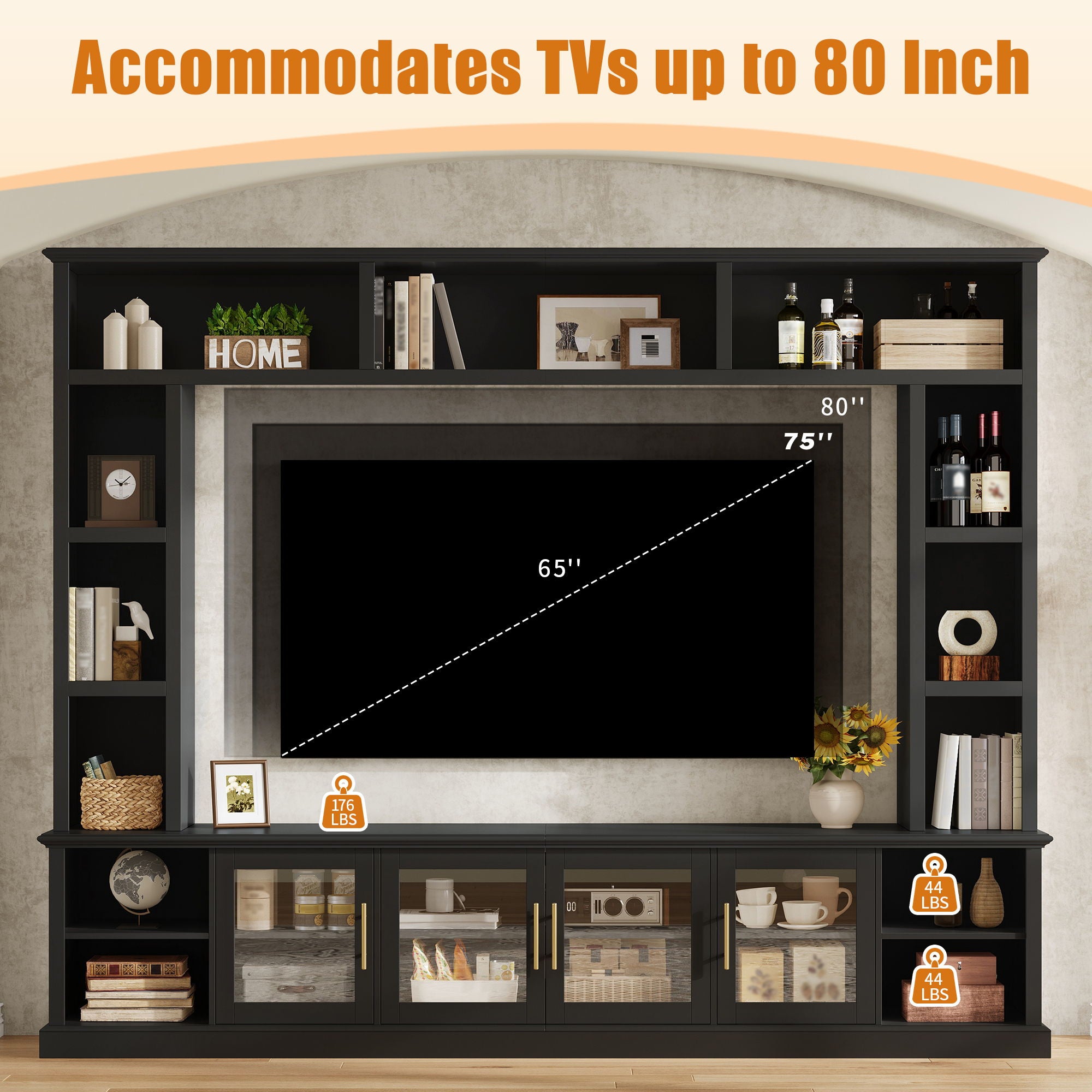 All-In-One Entertainment Center With Bookshelves & Tempered Glass Doors, TV Console Unit For Living Room