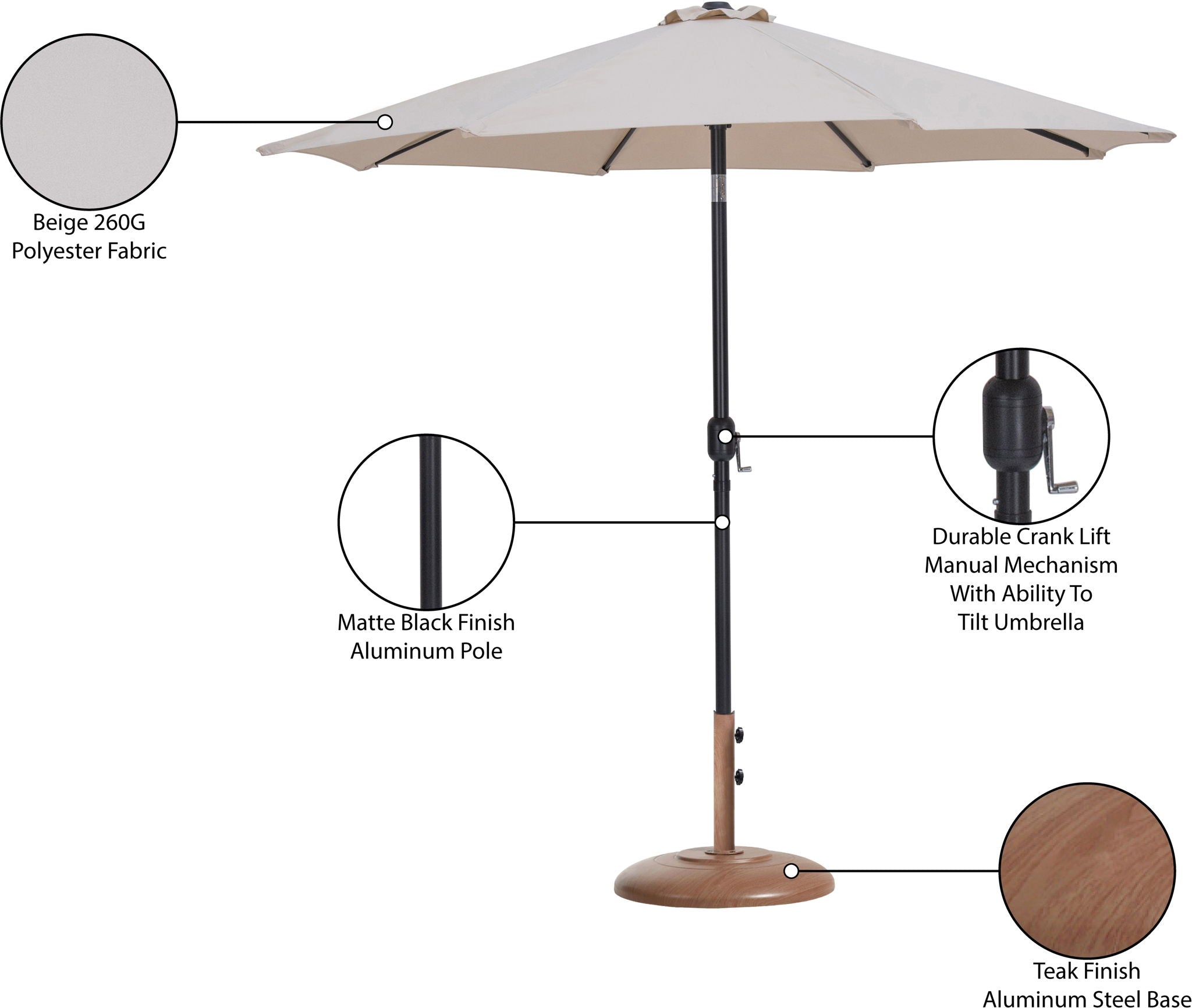 Fiji - Aluminum Patio Umbrella With Round Teak And Black Base