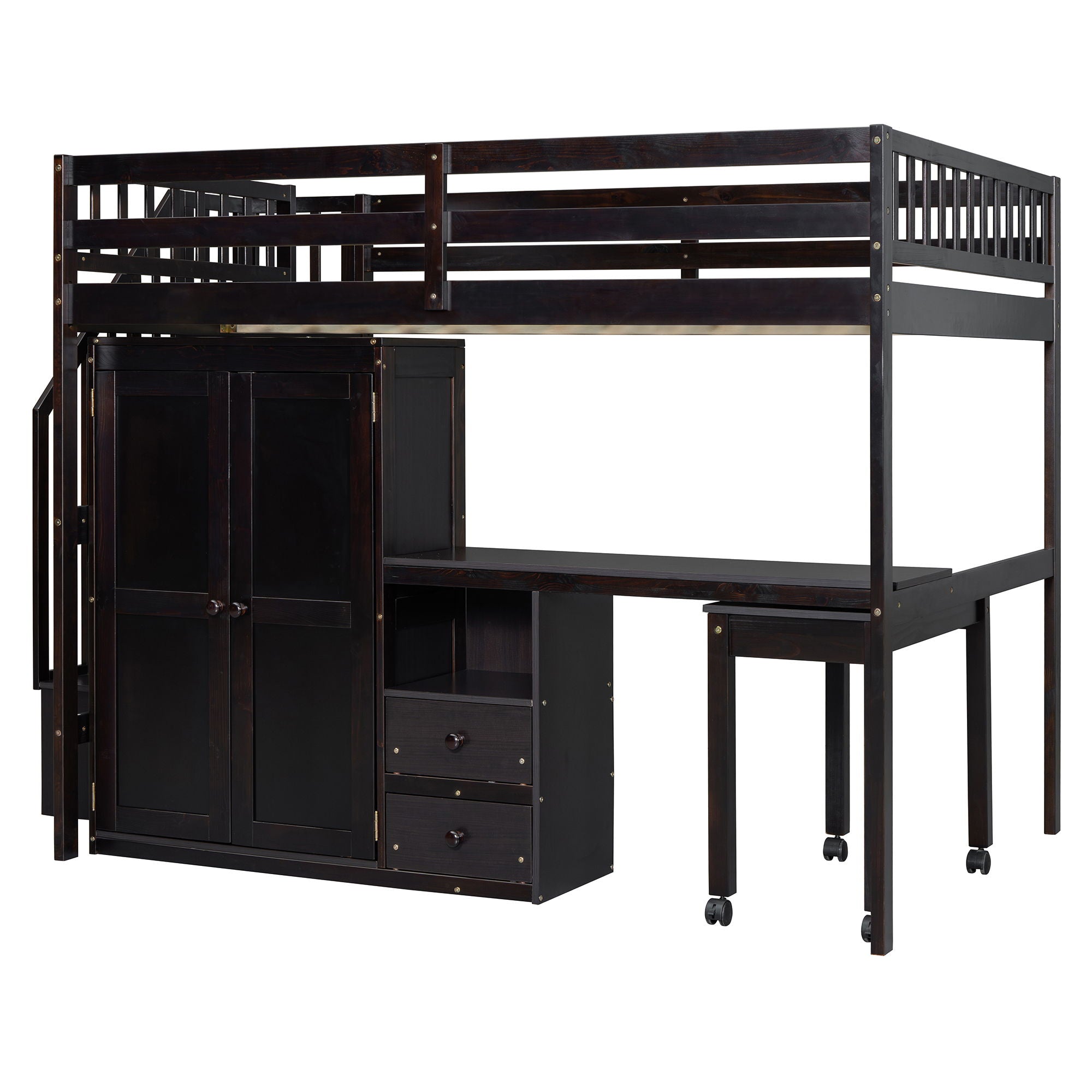 Loft Bed With Stairs, Bookshelf, Drawers, Desk & Wardrobe, Space Saving Multifunctional Furniture
