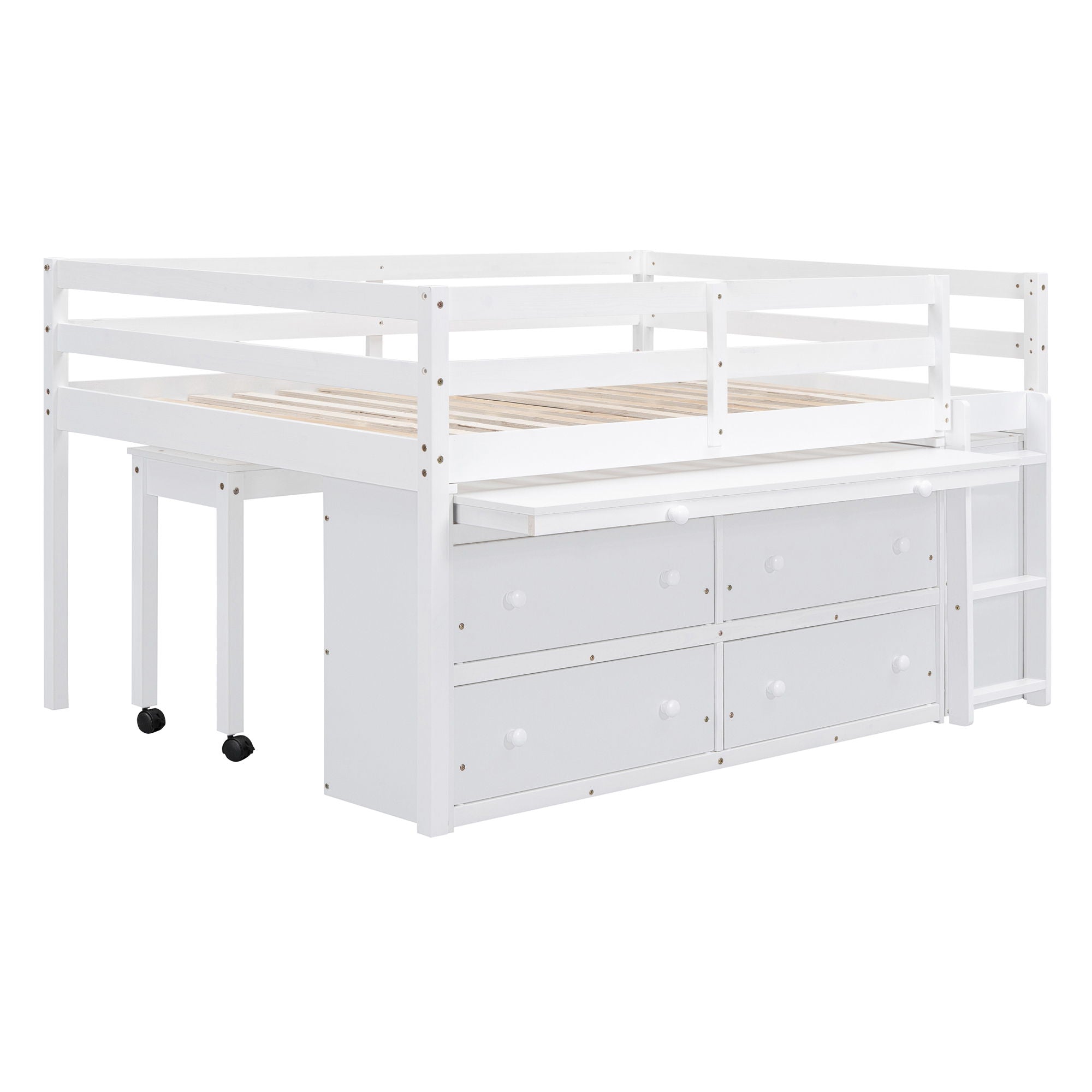 Loft Bed With Retractable Writing Desk And 4 Drawers, With Lateral Portable Desk And Shelves