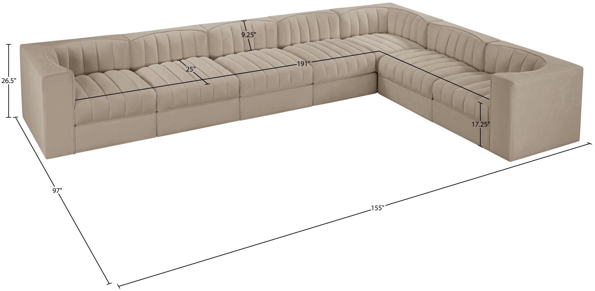 Rummi - Velvet Performance Fabric Upholstered 7 Piece Modular Sectional (With 3 Corner Chairs)