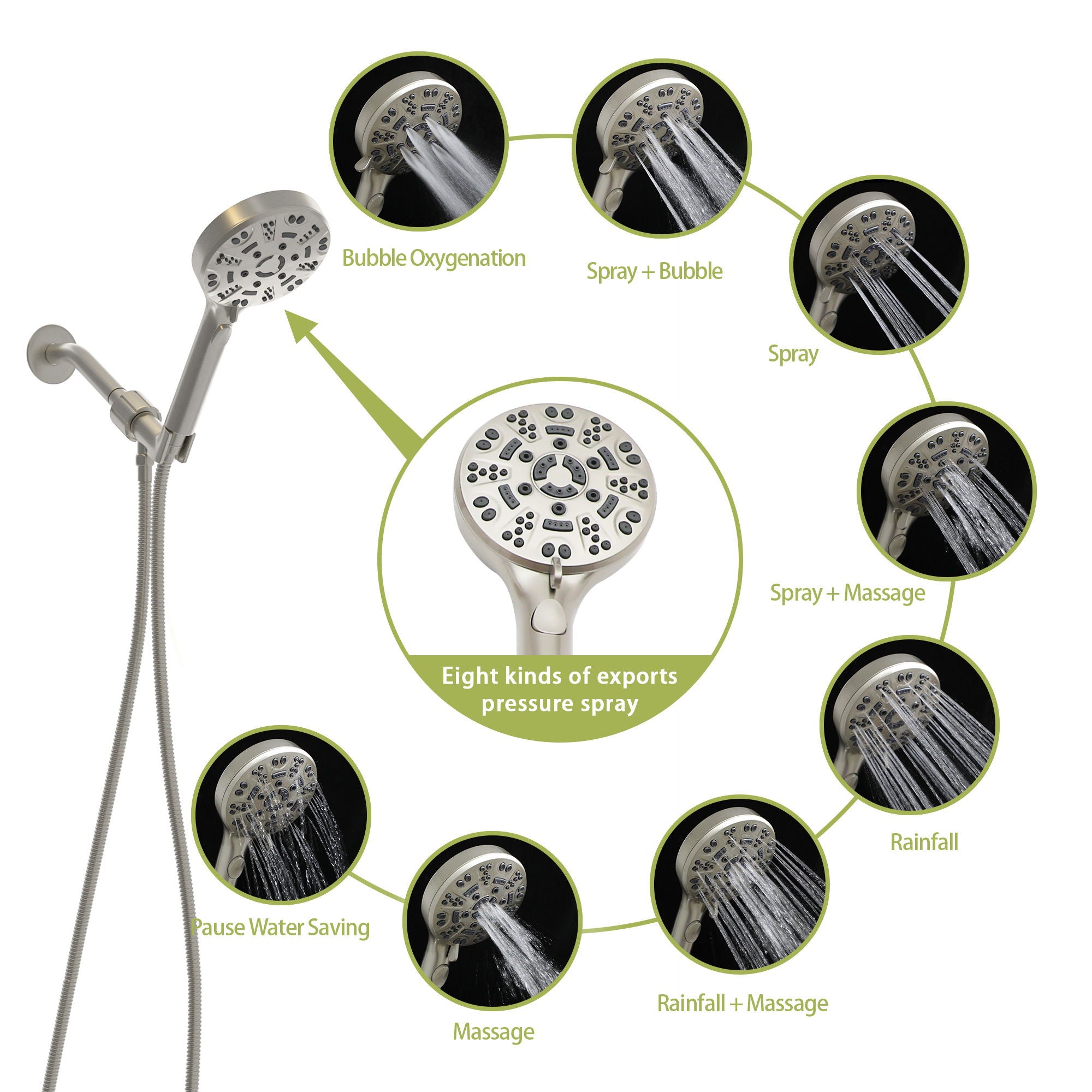 Multi Function Adjustable Hand Shower 8 Function Hand Shower, Plastic Construction - Brushed Nickel
