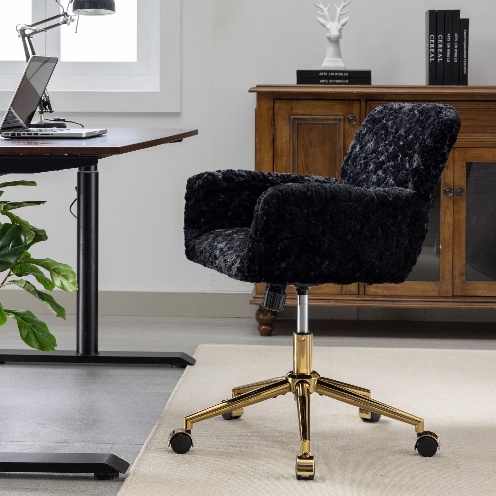 Office Chair, Artificial Rabbit Hair Home Office Chair With Metal Base, Adjustable Desk Chair Swivel Office Chair, Vanity Chair