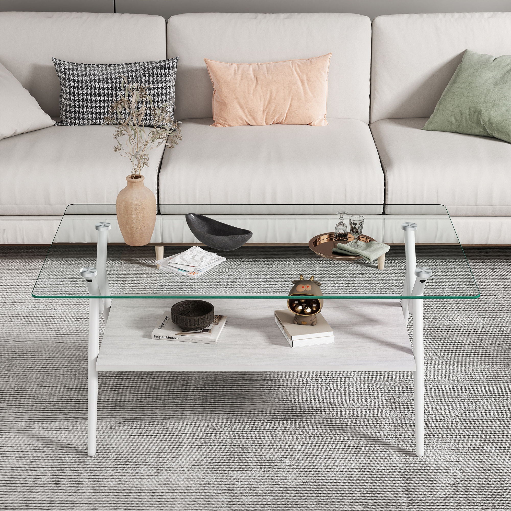 Rectangle Coffee Table With Tempered Glass Top And Shelf