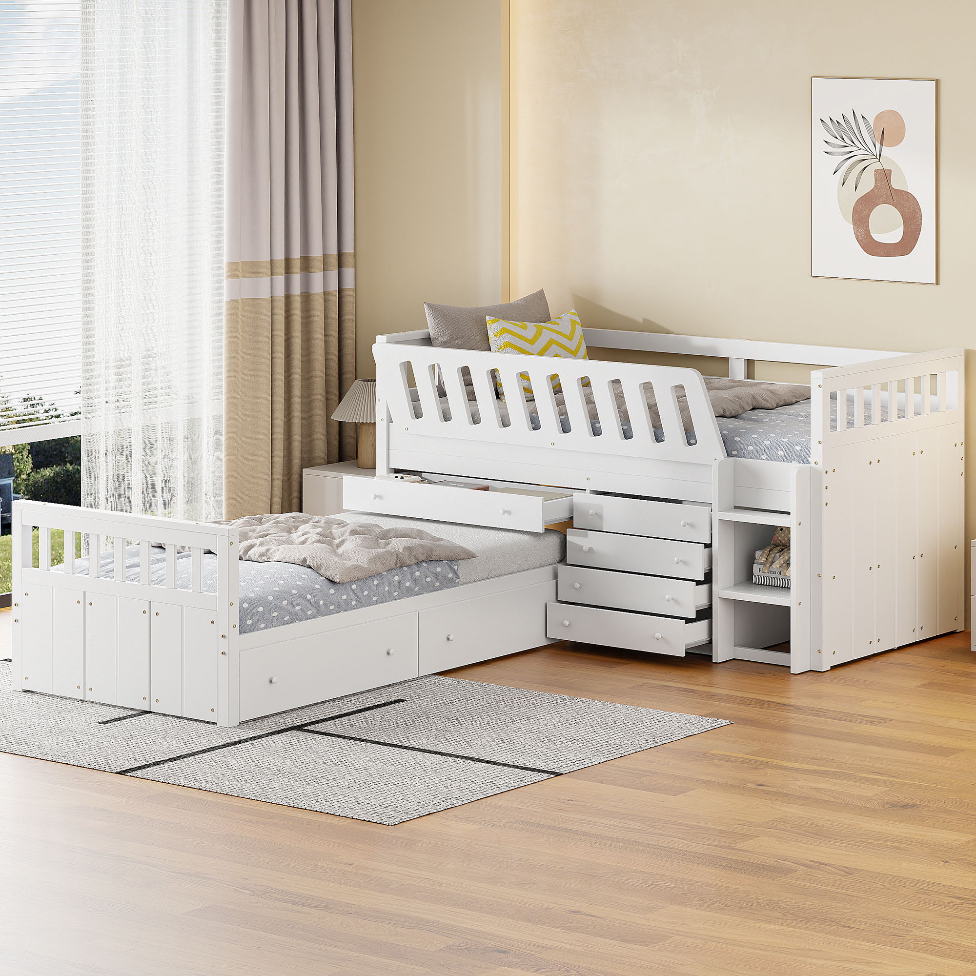 Loft Platform Bed With 7 Drawers And Full Guardrails, Modern L Shaped Space Savin