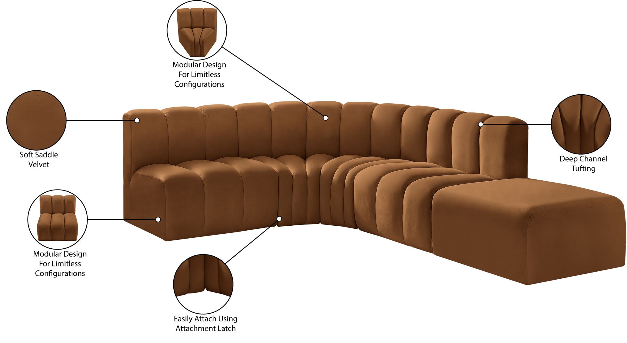 Arc - Velvet 5 Piece Corner Modular Sofa - Saddle