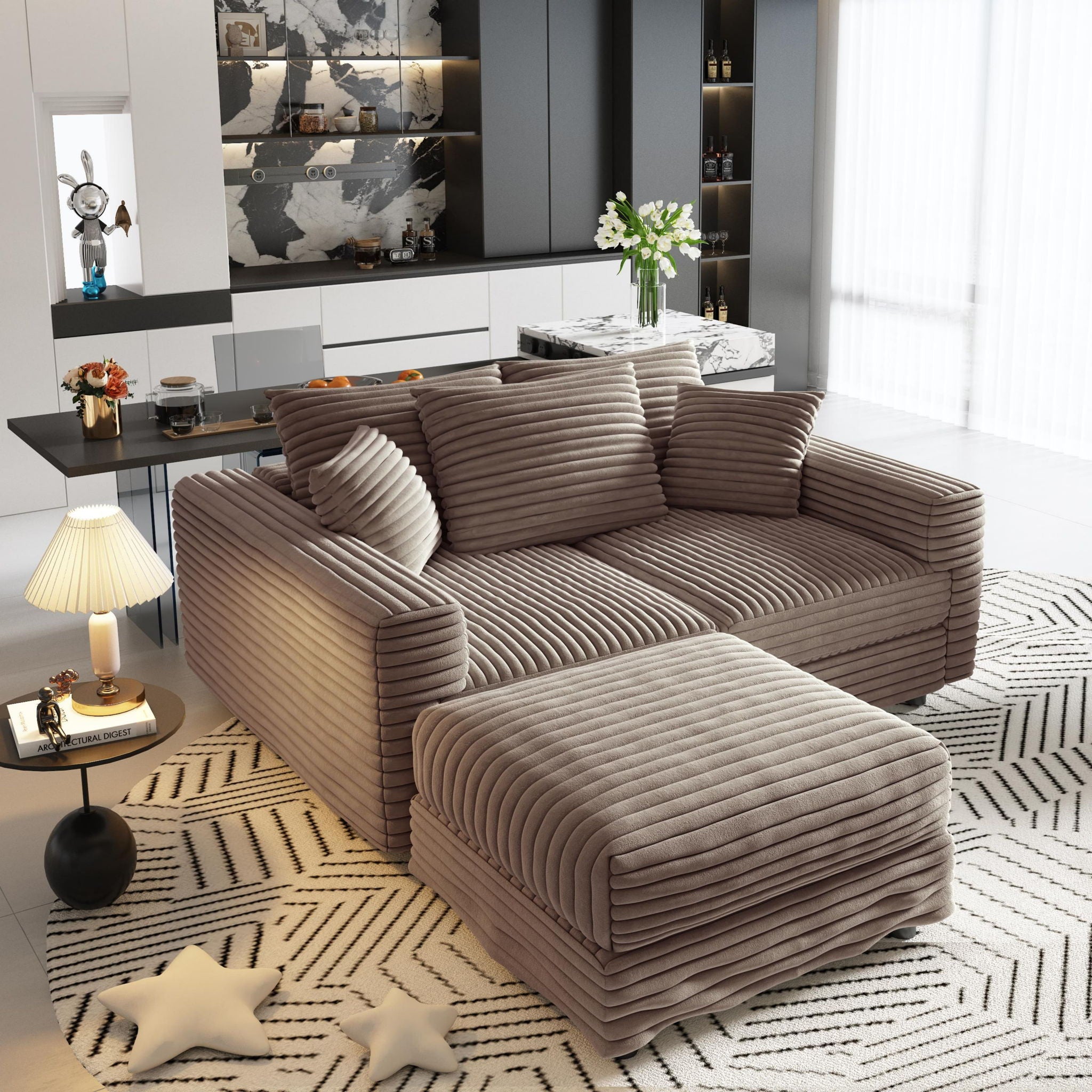 Deep Seat Convertible Sofa With Soft Pillows And Ottomans