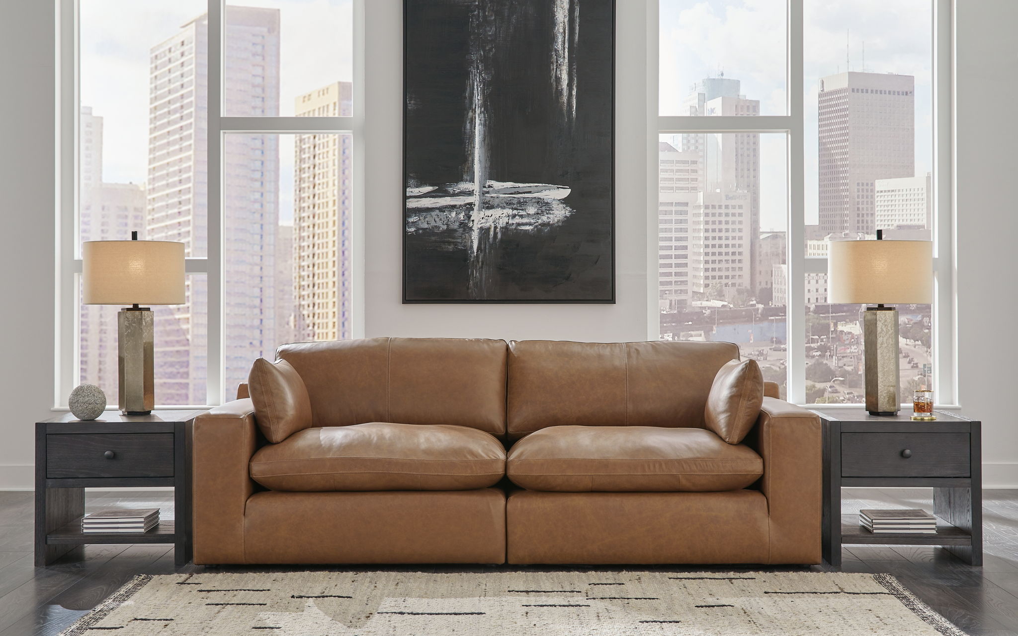 Emilia - 3 Pc. - 2-Piece Sectional Loveseat, Ottoman - Caramel